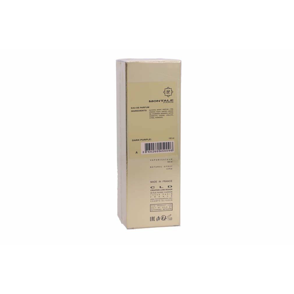 Goldene Verpackung mit Produktinformationen. Aufschrift MONTALE PARIS und DARK PURPLE. Inhaltsstoffe und Barcode.