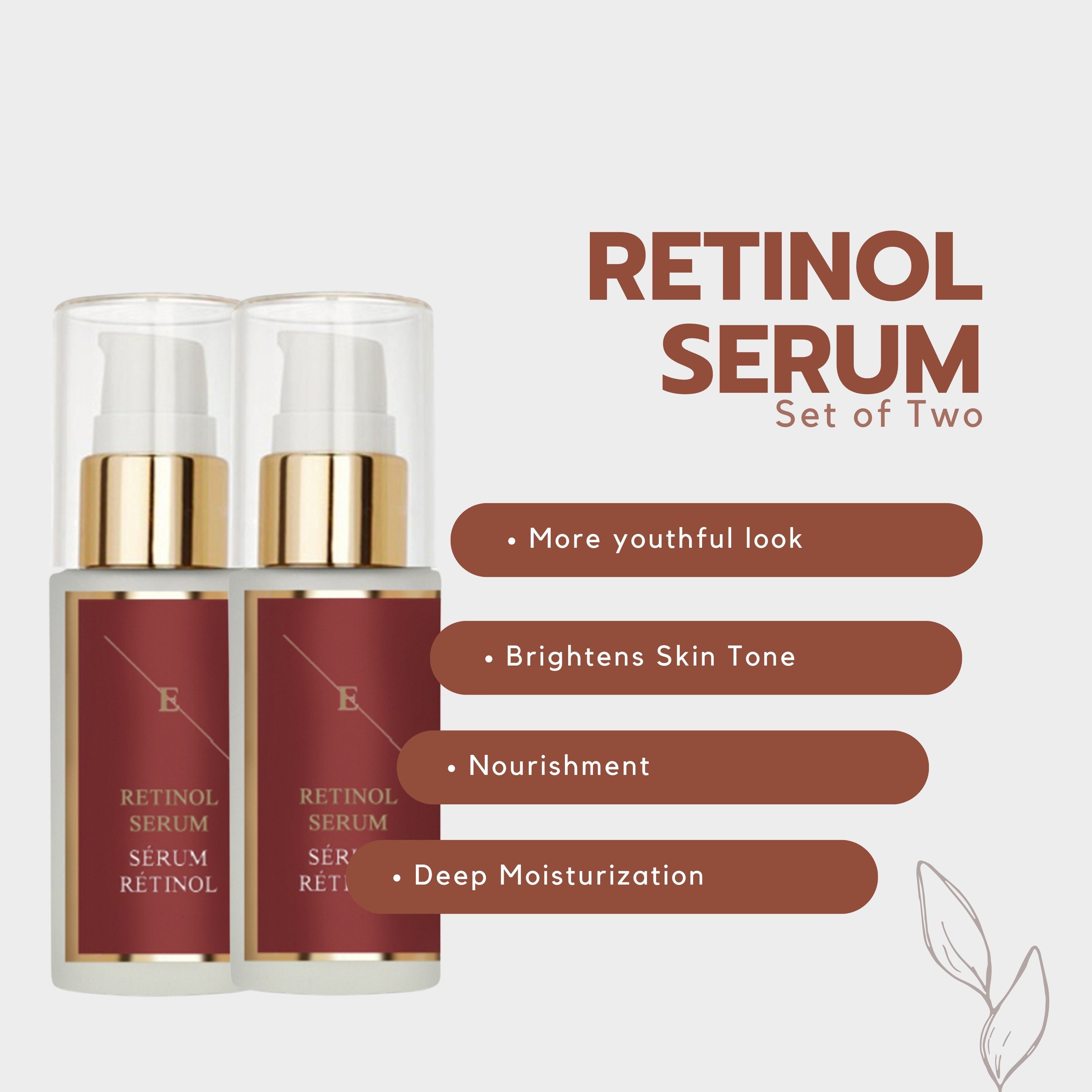 Zwei Serumflaschen mit Pumpverschluss. Rote Etiketten mit weißer Schrift: RETINOL SERUM, darunter RETINOL. Text: Set of Two. Vorteile auf braunen Balken.