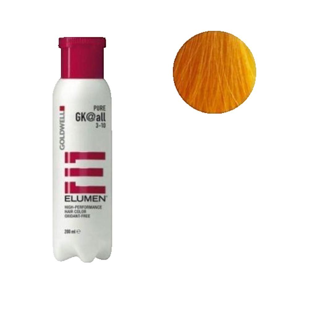 Goldwell Elumen Haarfarbe Flasche und Farbmuster. Flasche weiß mit rotem Deckel, gelbes Farbmuster.