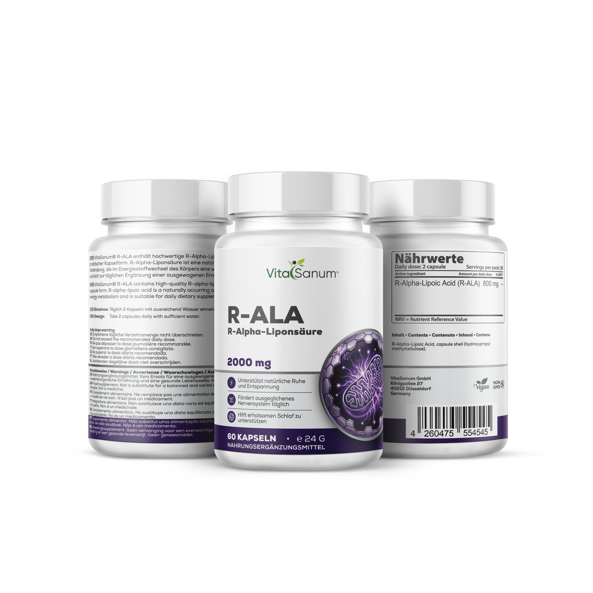 VitaSanum R-ALA R-Alpha-Liponsäure Kapseln, 60 Stück, mit Rückseitenetikett.