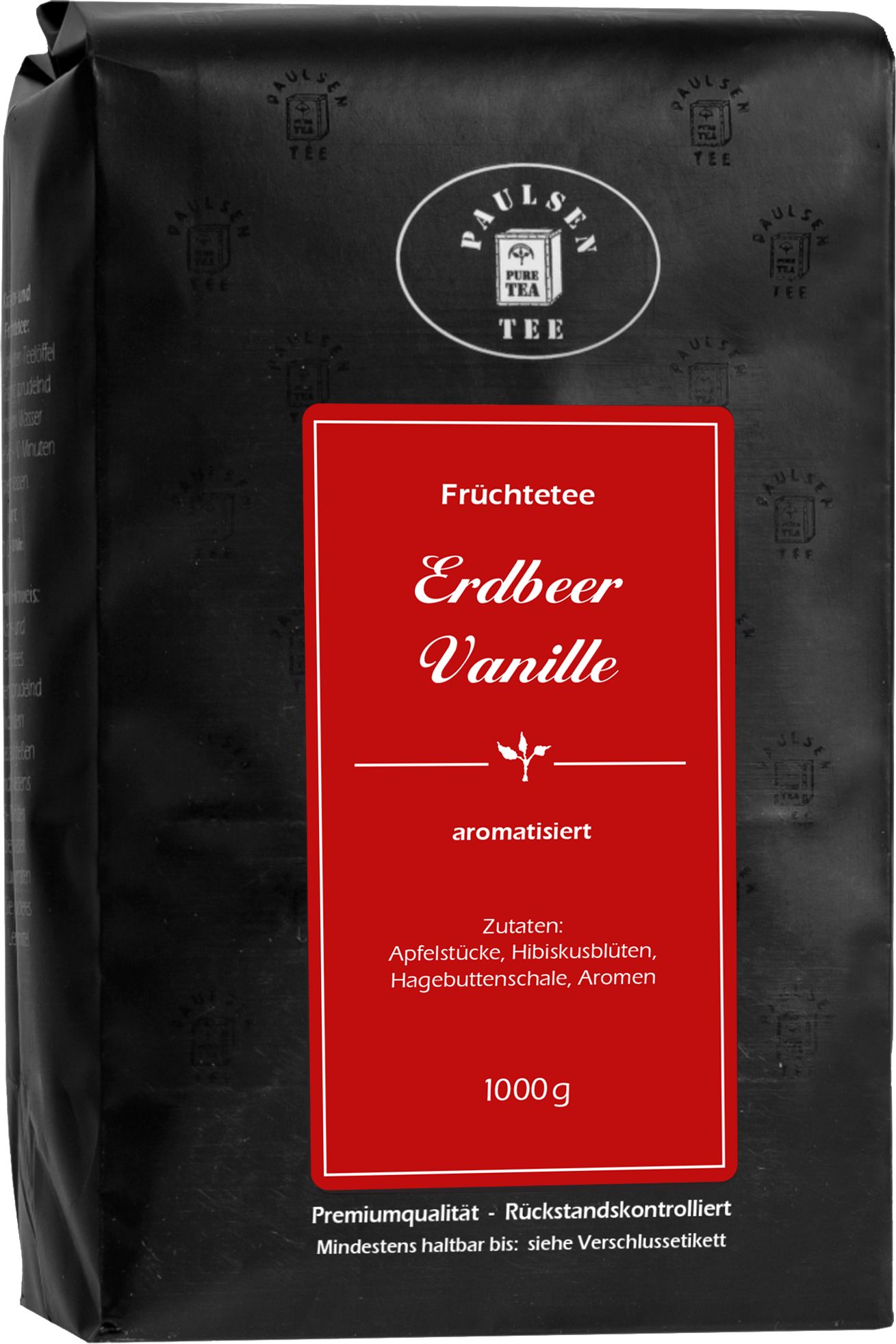 Schwarze Verpackung mit "Paulsen Tee" Logo. Rotes Etikett mit "Erdbeer Vanille" und Zutaten. 1000g.