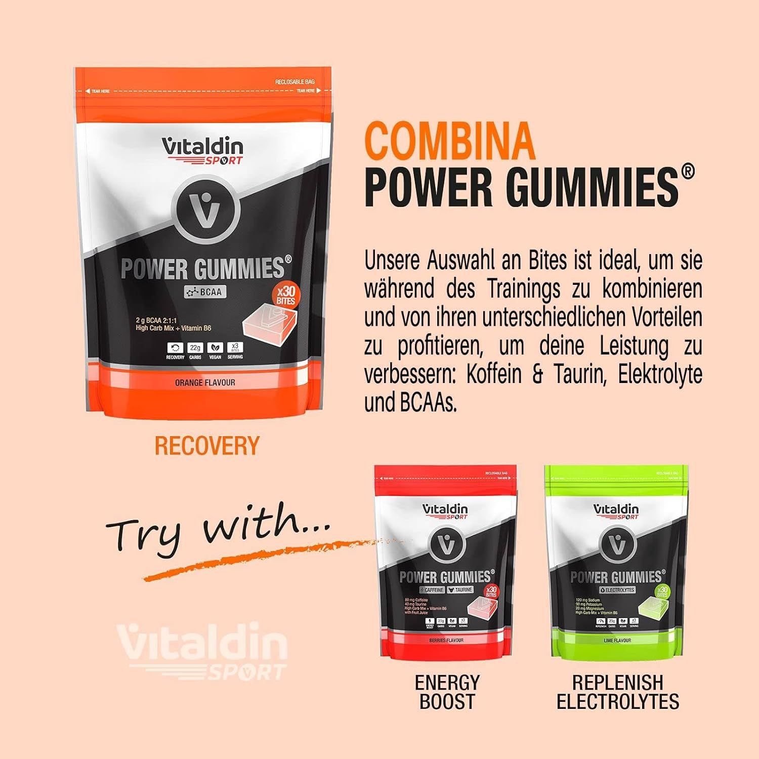 VITALDIN SPORT Power Gummies BCAA. Drei Beutel, darunter Energy Boost und Replenish Electrolytes. Orangefarbenes Produkt.