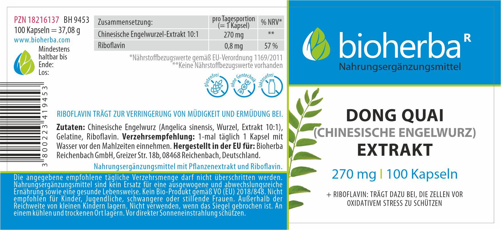 Bioherba Dong Quai Extrakt Kapseln. Produktetikett mit Inhaltsstoffen, Dosierung und Herstellerinformationen.