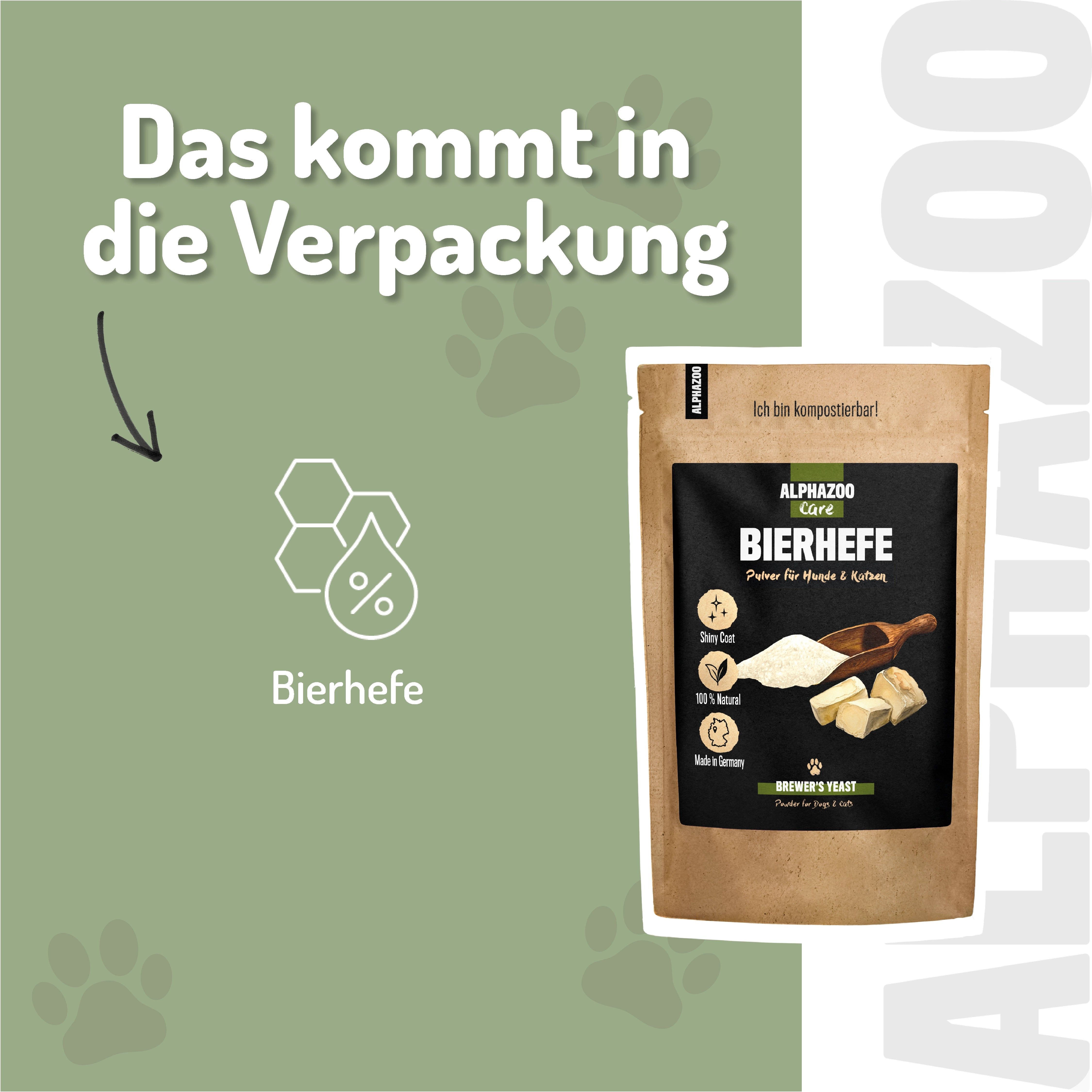 Verpackung von ALPHAZOO Bierhefe Pulver. Text: Das kommt in die Verpackung. Abbildung von Bierhefe und Inhaltsstoffen.