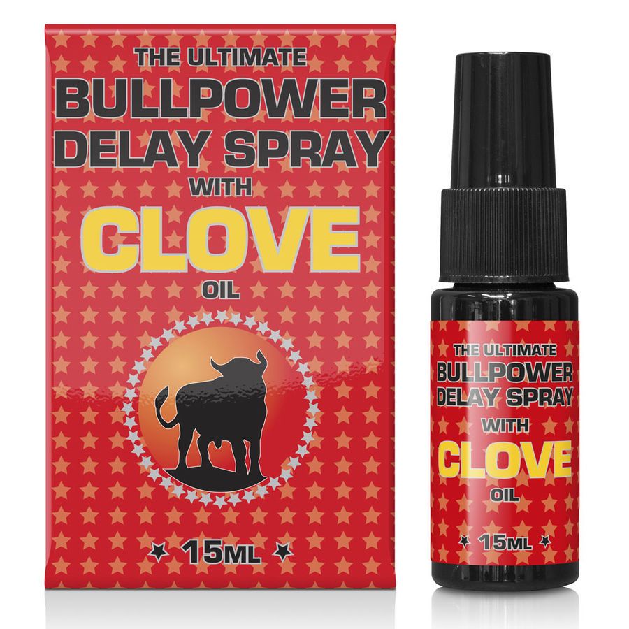 Sprayflasche und Verpackung. Aufschrift: Bullpower Delay Spray mit Clove Oil. Rote Verpackung mit Sternenmuster und Stier-Logo.
