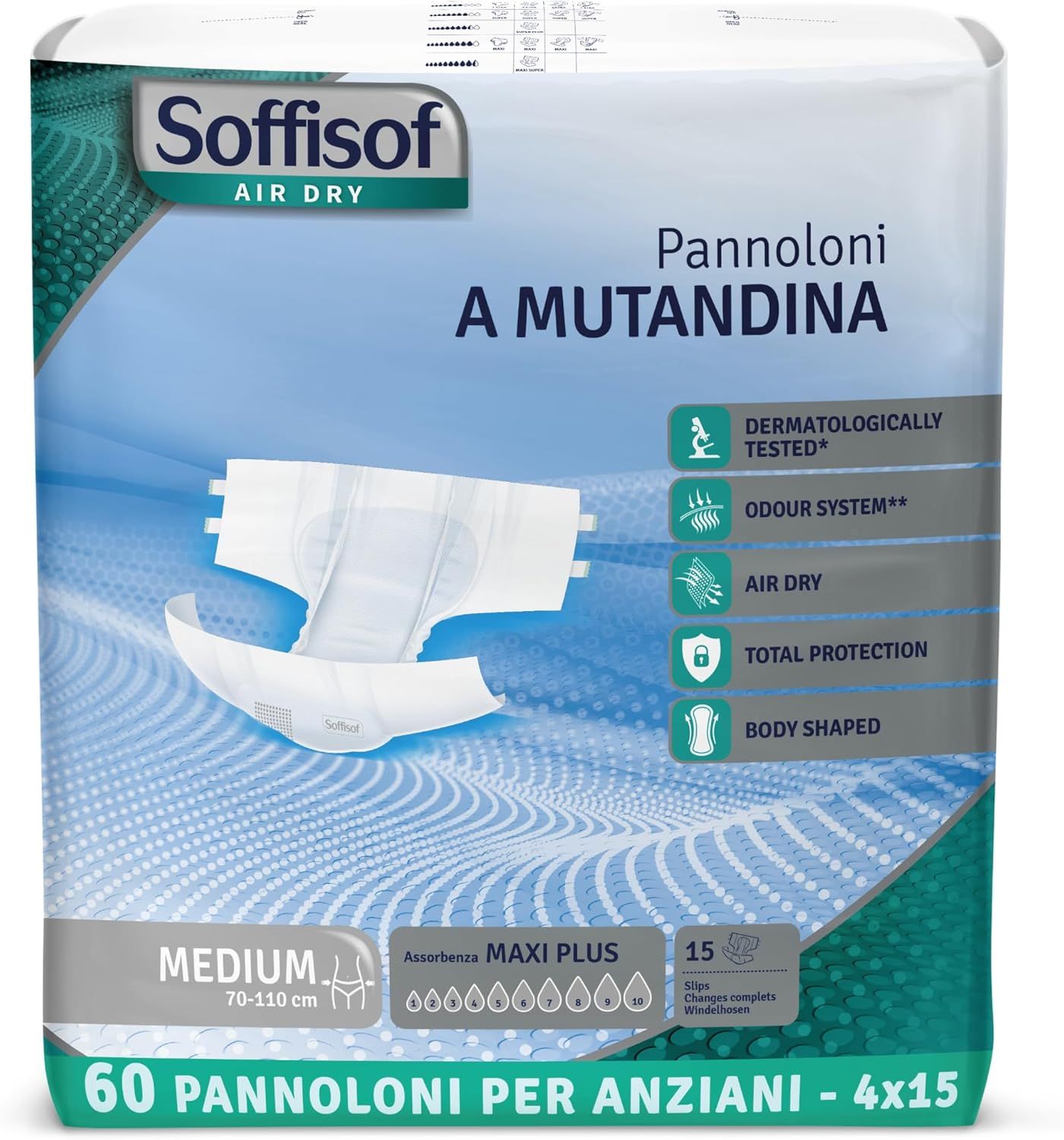 Soffisof Air Dry Windeln. Packung mit 60 Stück, Größe Medium. Dermatologisch getestet, geruchsneutral.