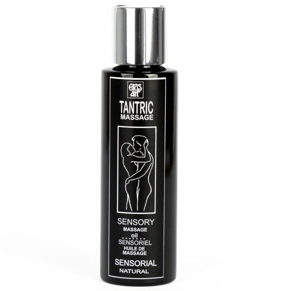 Schwarze Flasche mit silbernem Deckel. Aufschrift: Tantric Massage, Sensory Massage Oil. Abbildung zweier Personen.