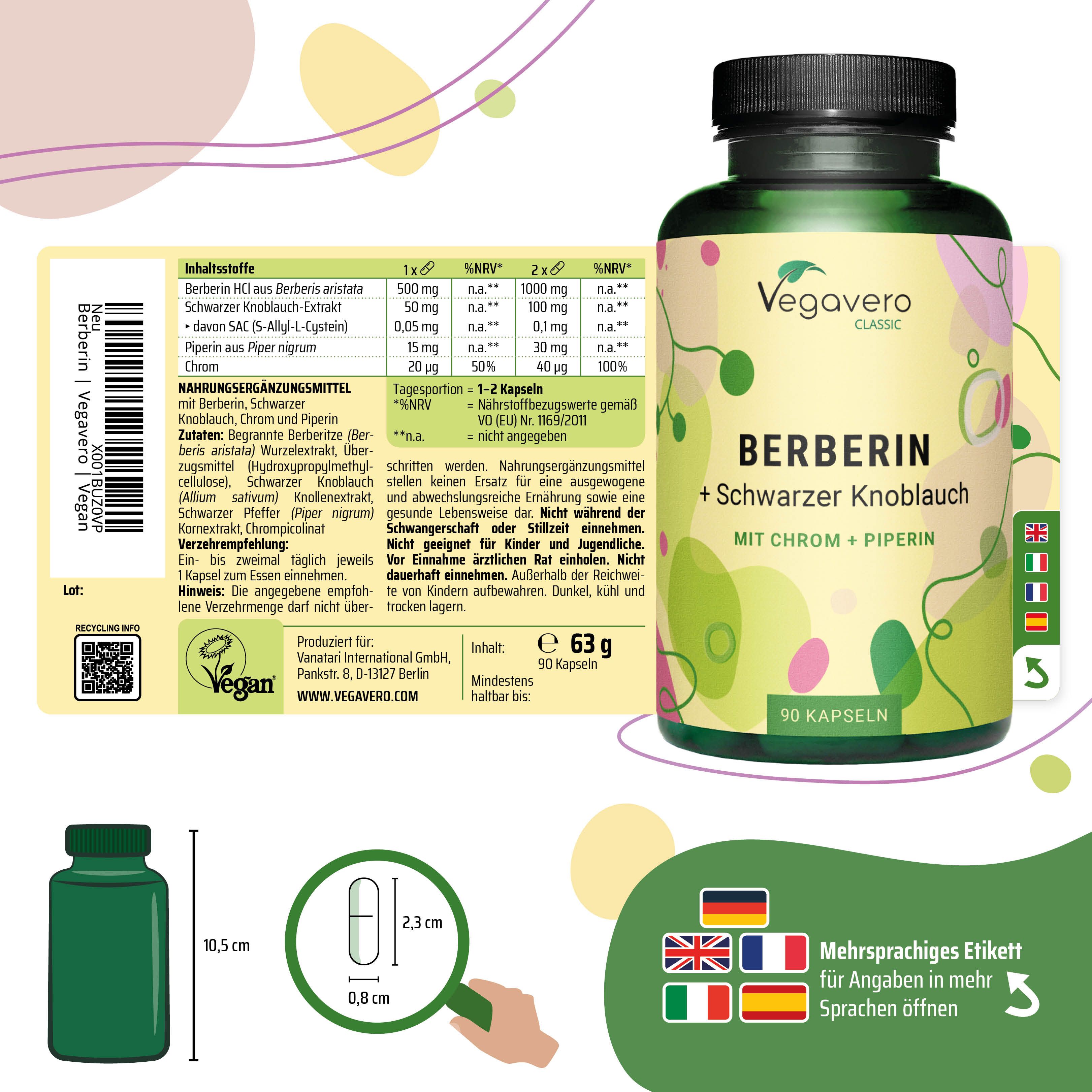 Produktetikett mit Inhaltsstoffen und Nährwertangaben. Flasche mit Kapseln, 90 Stück. Größenangaben. Vegan.