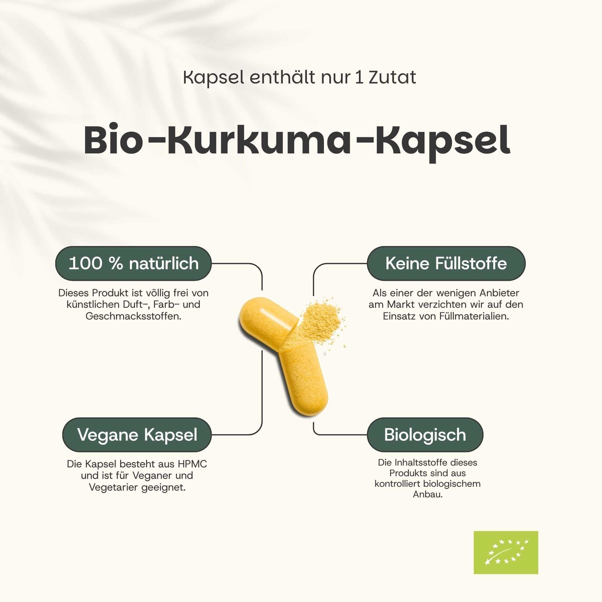 Gelbe Kapsel mit Kurkumapulver. Text: Bio-Kurkuma-Kapsel. 100% natürlich, keine Füllstoffe, vegan.