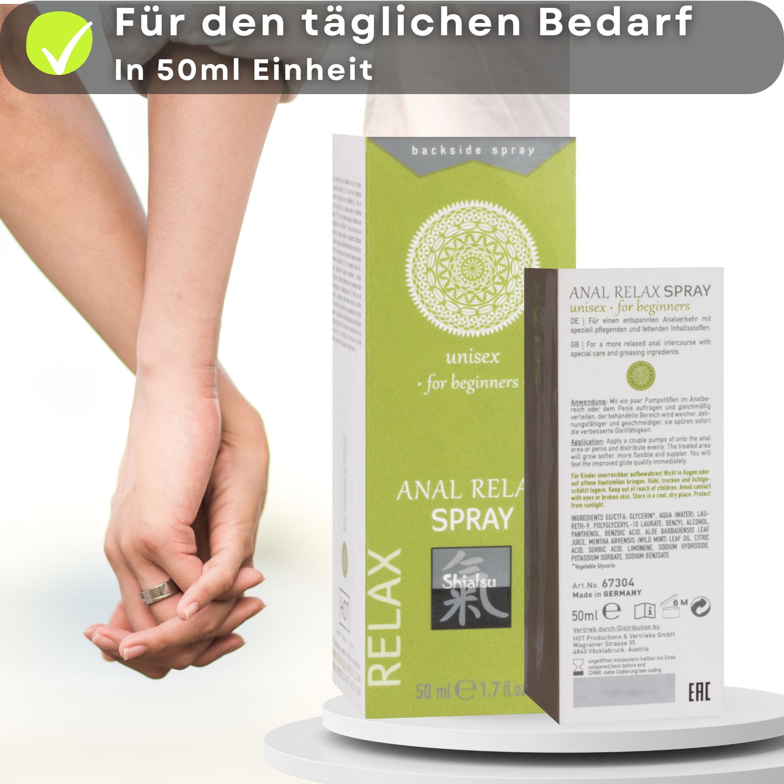 Produkt und Verpackung. Text: ANAL RELAX SPRAY, unisex, Shiatsu. 50 ml. Paar im Bett.