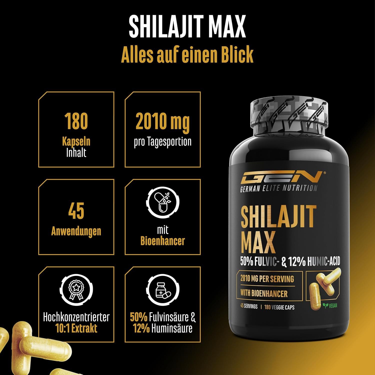 GEN Shilajit Max: 180 Kapseln, 2010 mg pro Portion, mit Bioenhancer, 10:1 Extrakt.