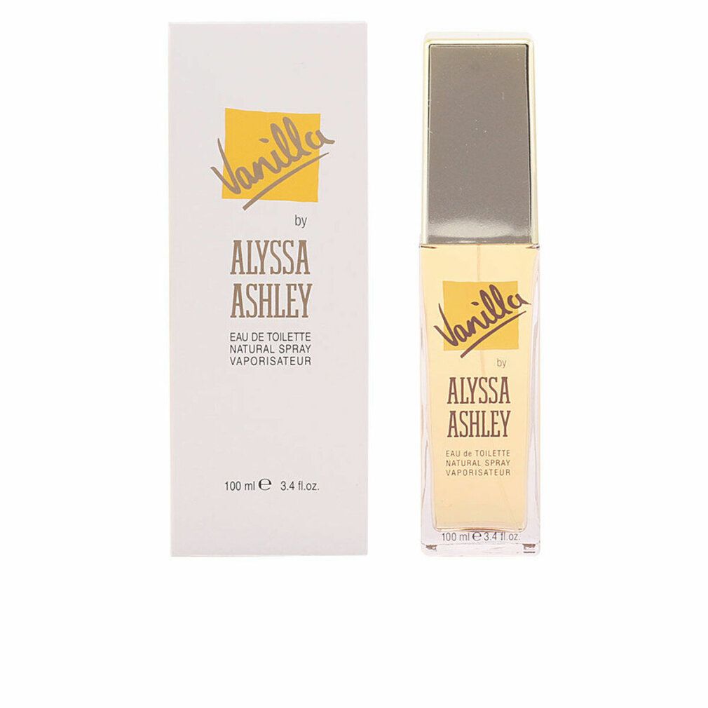 Flakon und Schachtel. Aufschrift: Vanilla by Alyssa Ashley. Eau de Toilette Natural Spray Vaporisateur.