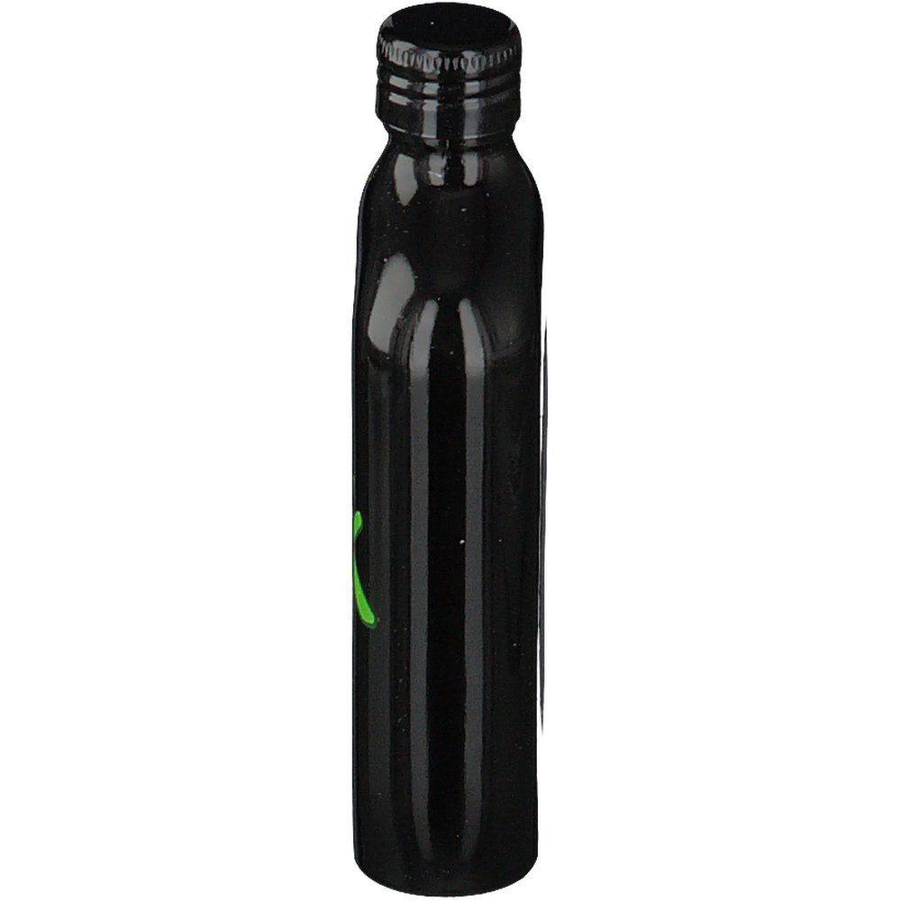 Schwarze, längliche Flasche mit grünem Schriftzug. Schwarzer Schraubverschluss.