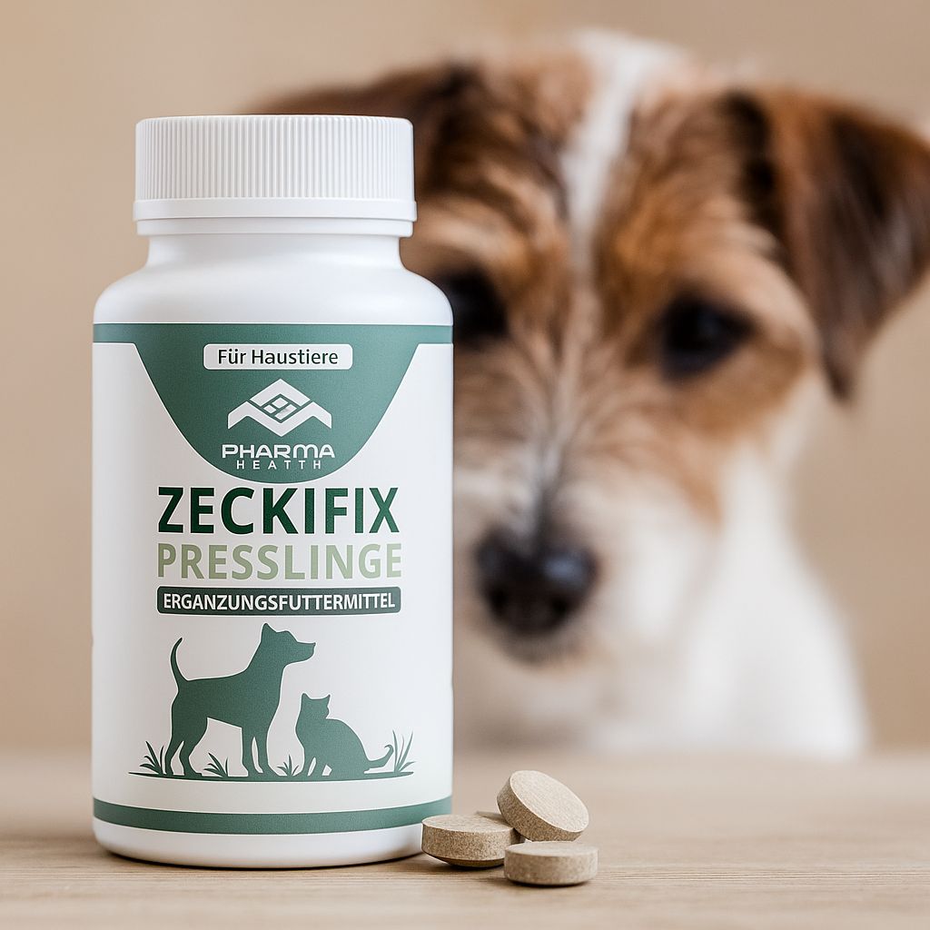 Weiße Flasche mit grünem Etikett. Zeckifix Presslinge, Ergänzungsfuttermittel. Hund und Tabletten im Vordergrund. Flasche und Tabletten.