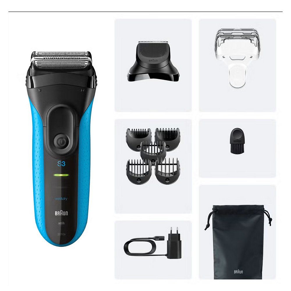Braun Series 3 Rasierer mit Zubehör: Aufsätze, Reinigungsbürste, Ladekabel und Tasche.