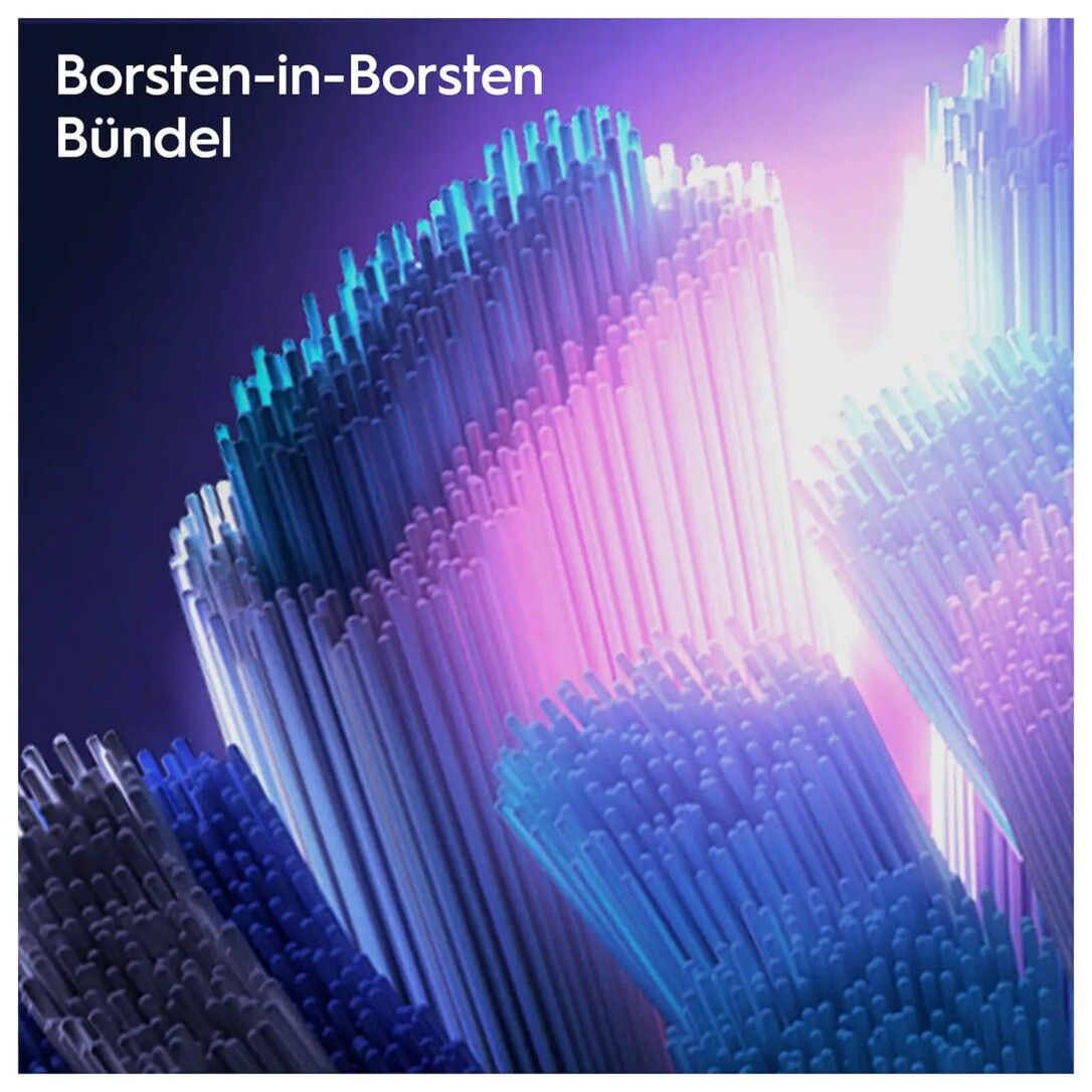 Nahaufnahme der Borsten einer iO-Aufsteckbürste. Blaue und weiße Borsten. Text: Borsten-in-Borsten Bündel.