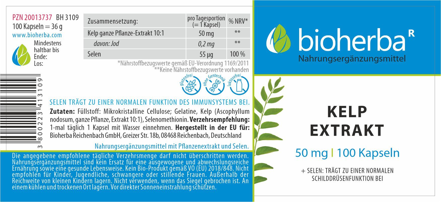 Etikett mit Produktinformationen. Kelp Extrakt, 50 mg, 100 Kapseln. Enthält Selen. Hersteller: Bioherba.