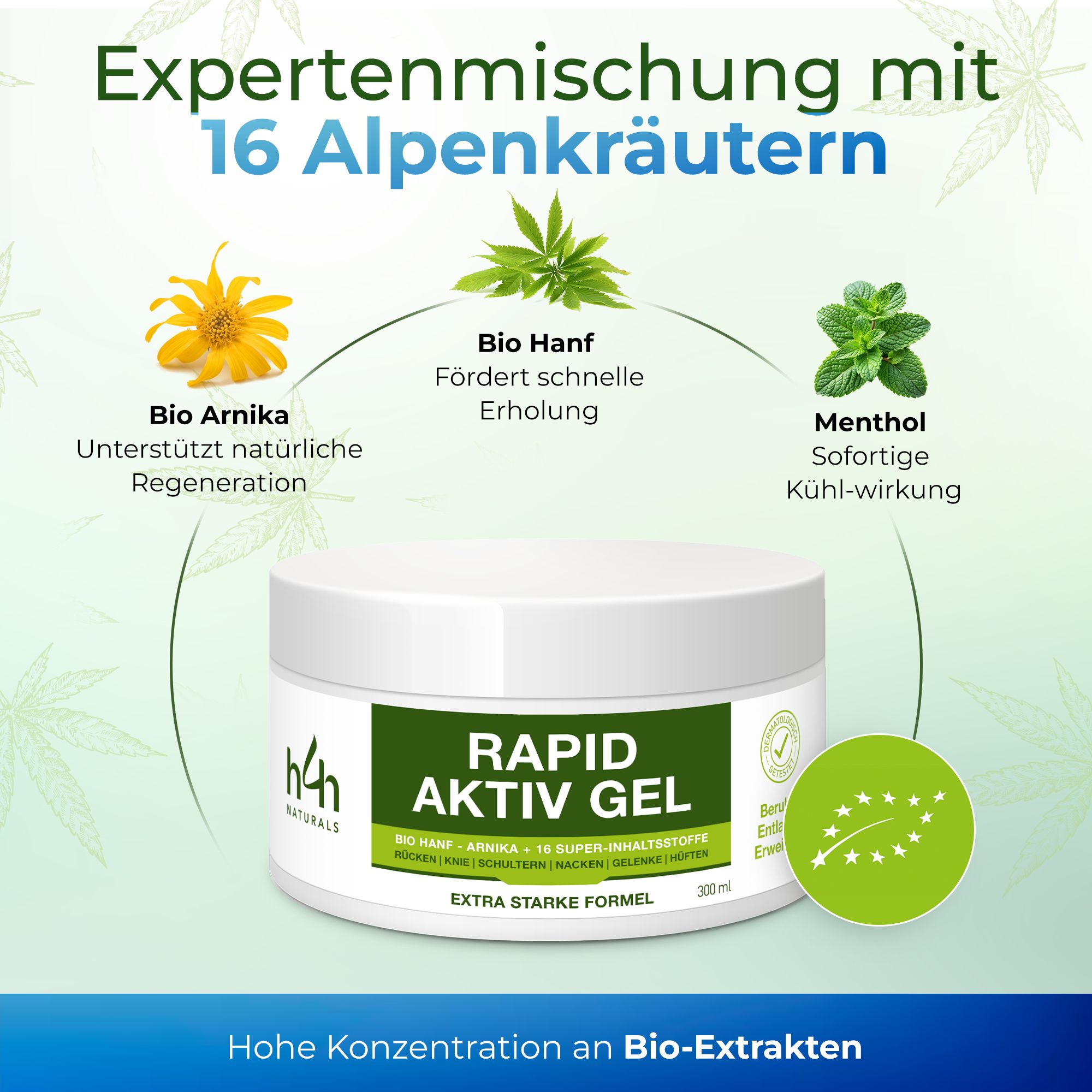 Weißes Tiegel mit grünem Etikett. Text: Rapid Aktiv Gel. Inhaltsstoffe: Bio Hanf, Arnika, Menthol. Logos: Bio-Extrakt, Vegan.