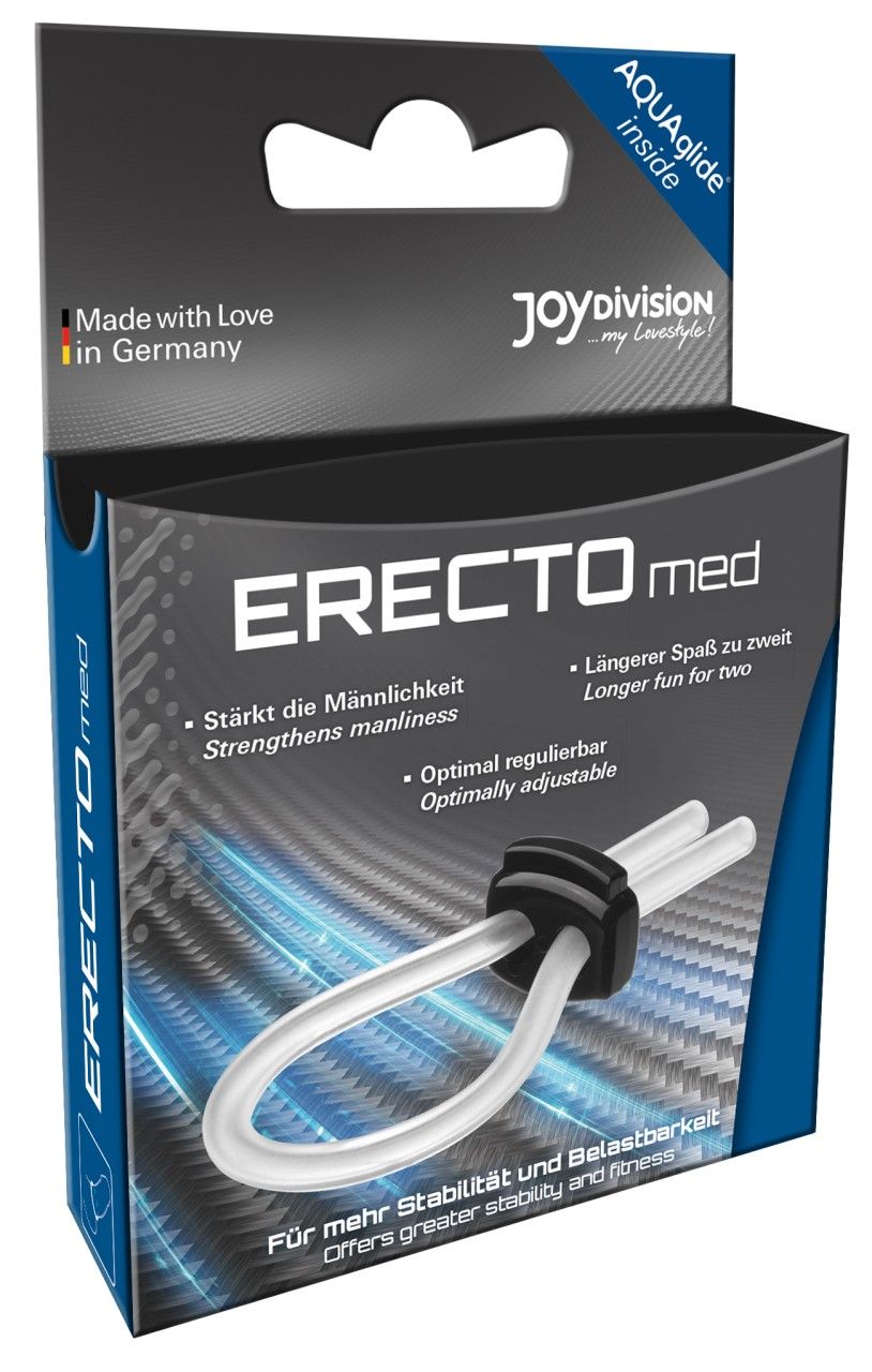 Verpackung von ERECTOmed. Schwarze und transparente Komponente. Blaue und schwarze Box mit Produktnamen.