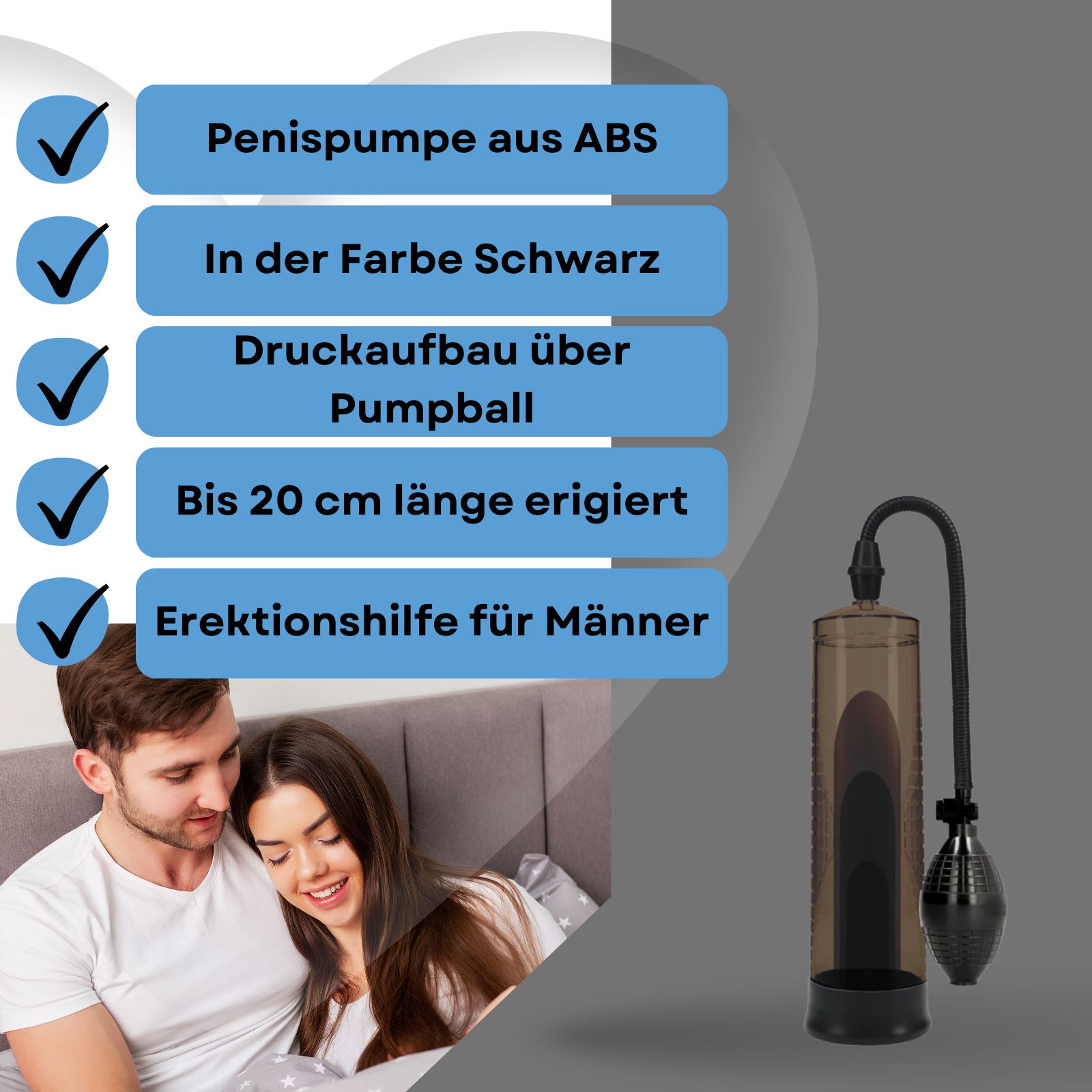 Penis Pumpe, schwarz. Pumpball. Text: Erektionshilfe für Männer. Paar im Bett.