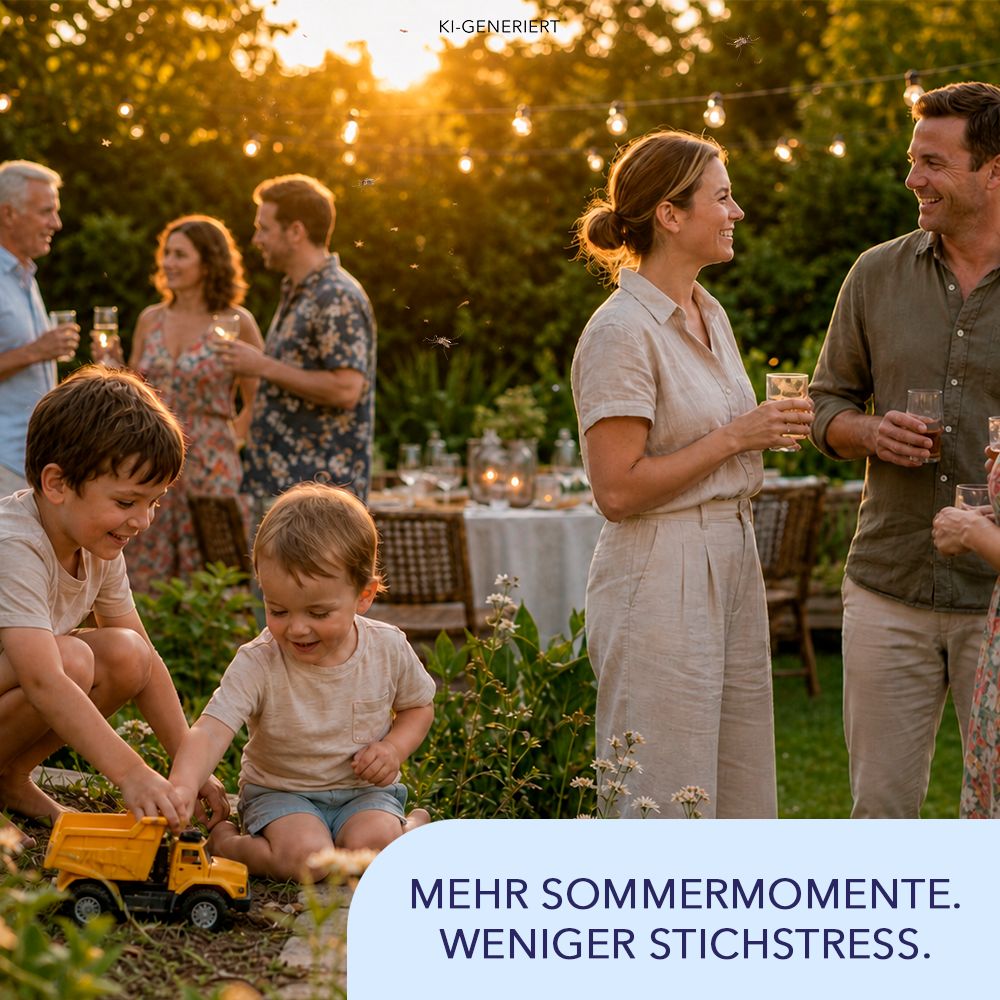 Familie feiert im Garten bei Sonnenuntergang, wenig Mückenstress.