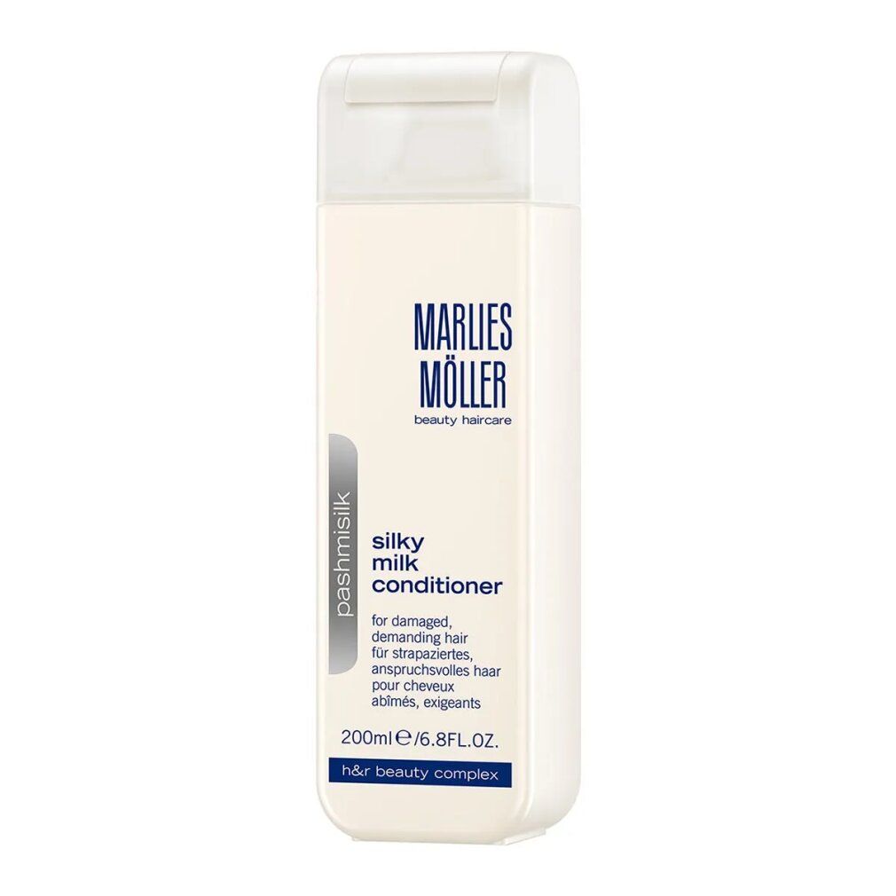 Rechteckige, weiße Flasche. Aufschrift: Marlies Möller, Silky Milk Conditioner. Text in Deutsch, Französisch, Englisch.