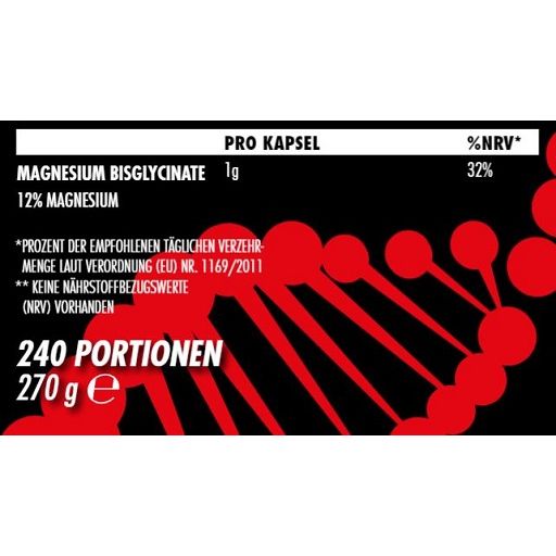 Detailansicht der Nährwertangaben. Magnesium Bisglycinat, 1g pro Kapsel, 12% Magnesium. 240 Portionen, 270g.