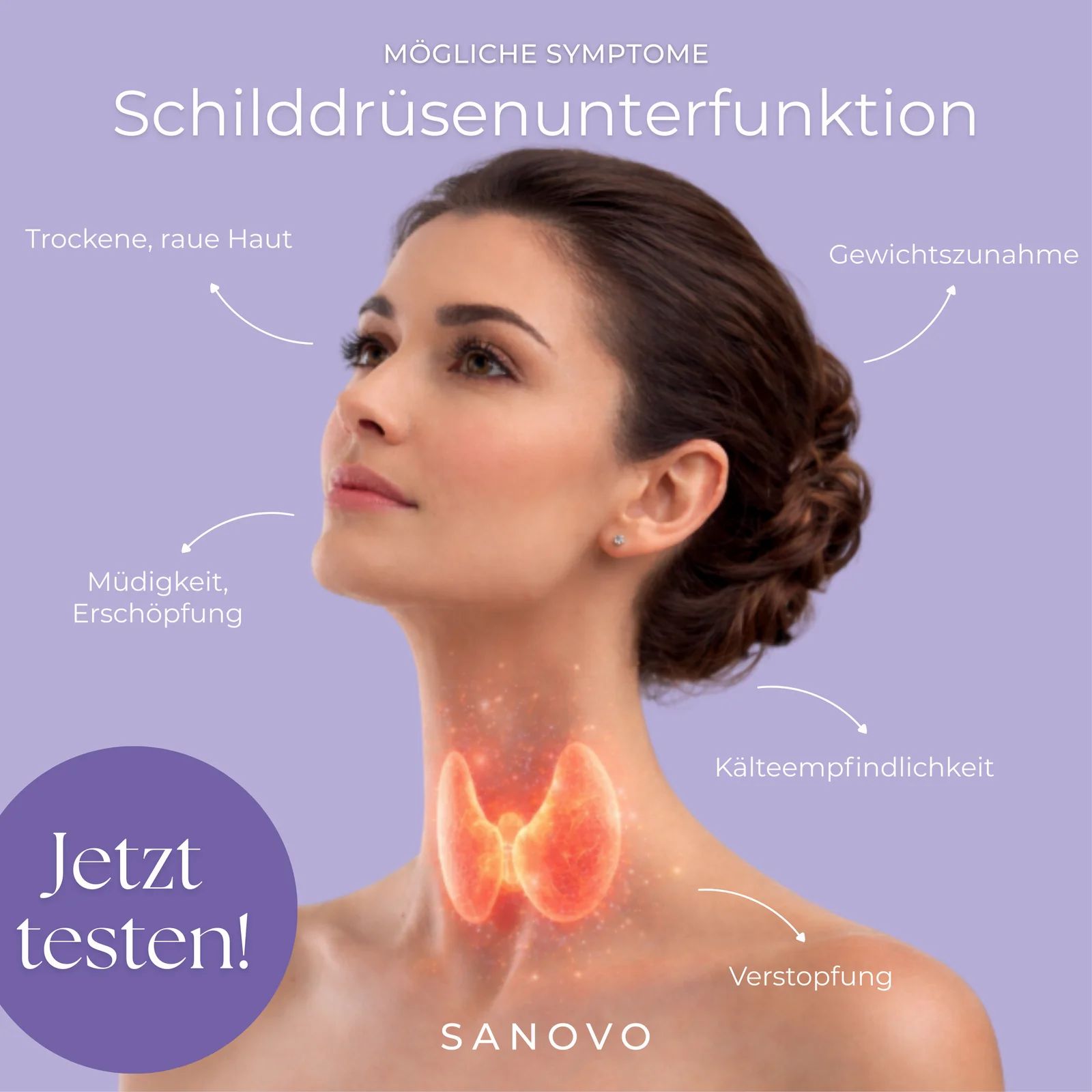 Frau mit Symptomen einer Schilddrüsenunterfunktion: trockene Haut, Gewichtszunahme, Müdigkeit, Kälteempfindlichkeit.