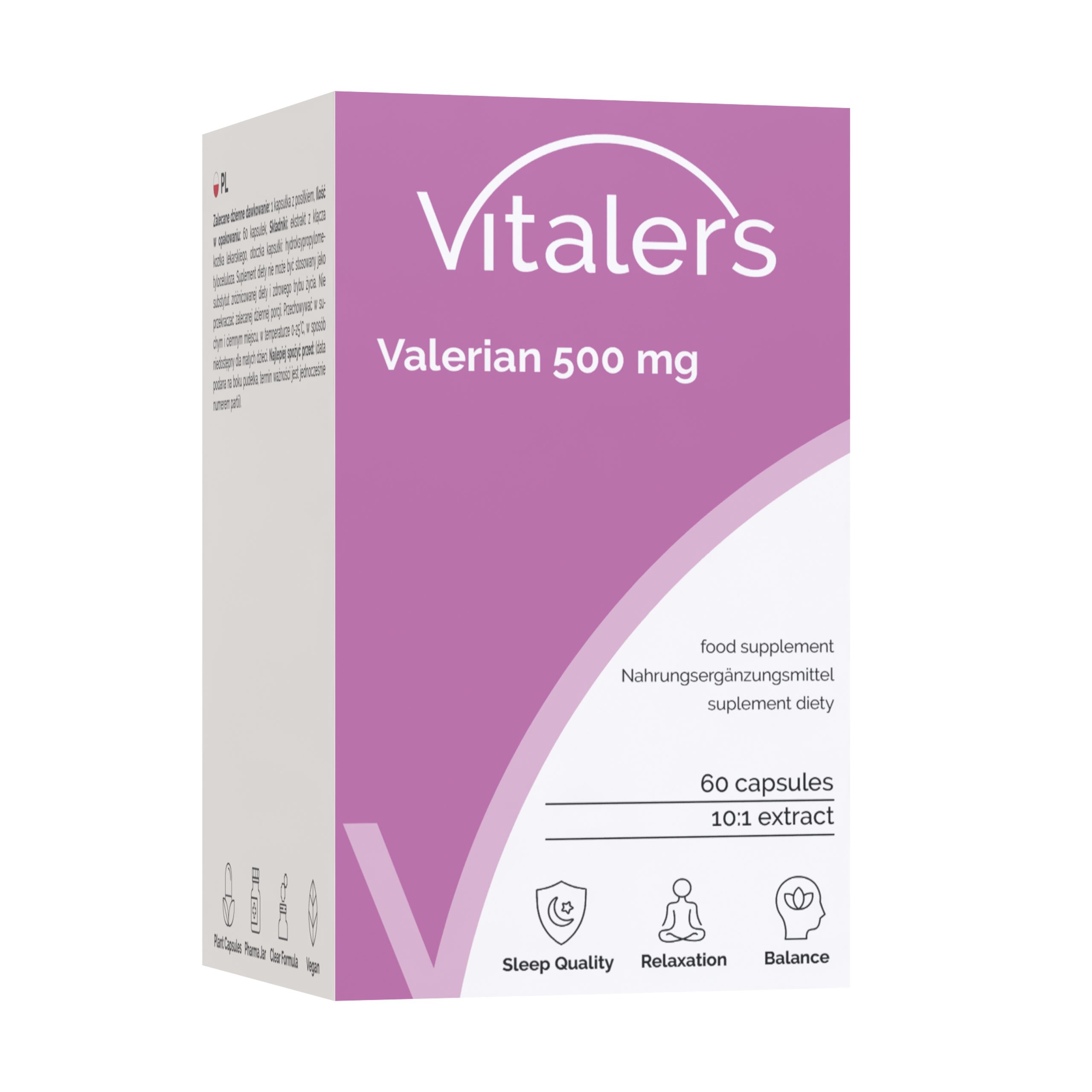 Vitaler's Baldrian 500 mg Kapseln in violetter Verpackung mit 60 Kapseln und 10:1 Extrakt.