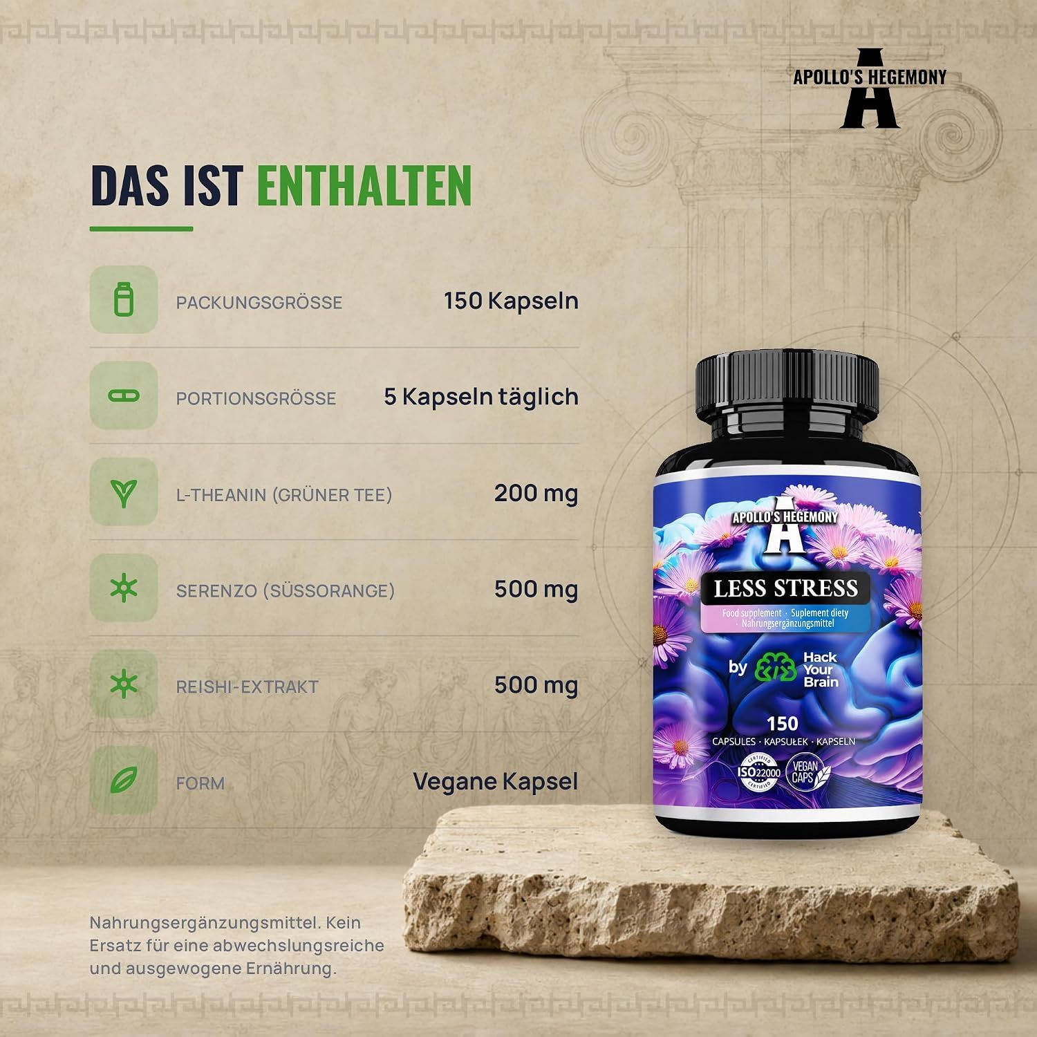 Flasche Apollo's Hegemony Weniger Stress mit detaillierten Inhaltsstoffen.