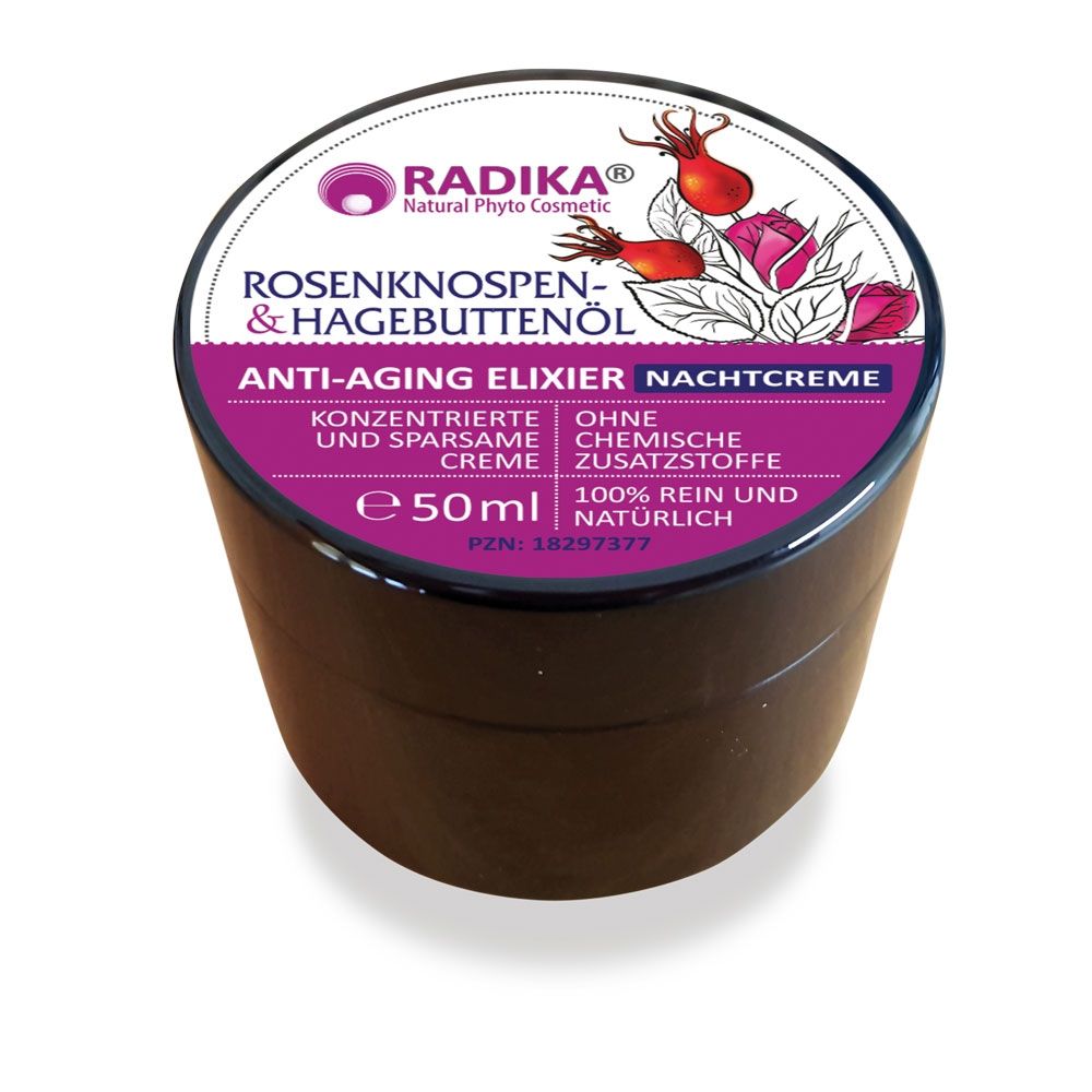 Dunkelbrauner Tiegel mit rundem Deckel. Aufschrift: Rosenknospen- & Hagebuttenöl, Anti-Aging Elixier Nachtcreme. Logo: Radika.