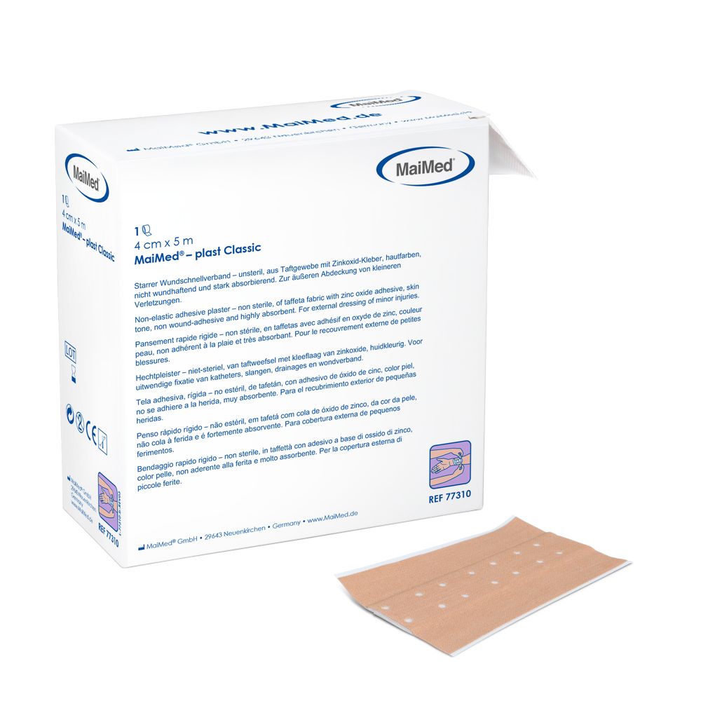Verpackung von MaiMed-plast Classic Wundschnellverband. Auf der Verpackung steht: 4 cm x 5 m. Ein Pflaster liegt daneben.