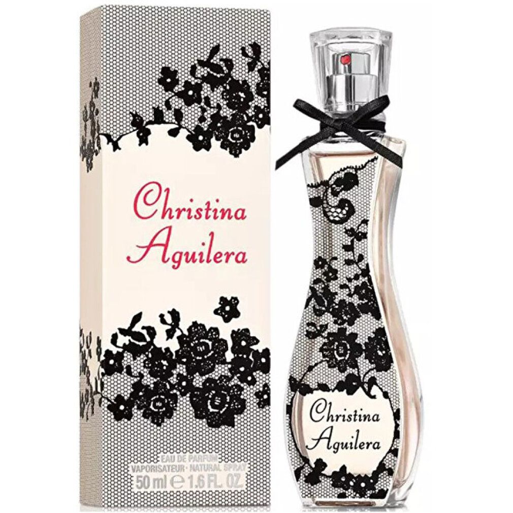 Christina Aguilera Eau de Parfum Flakon und Verpackung mit schwarzer Spitze.