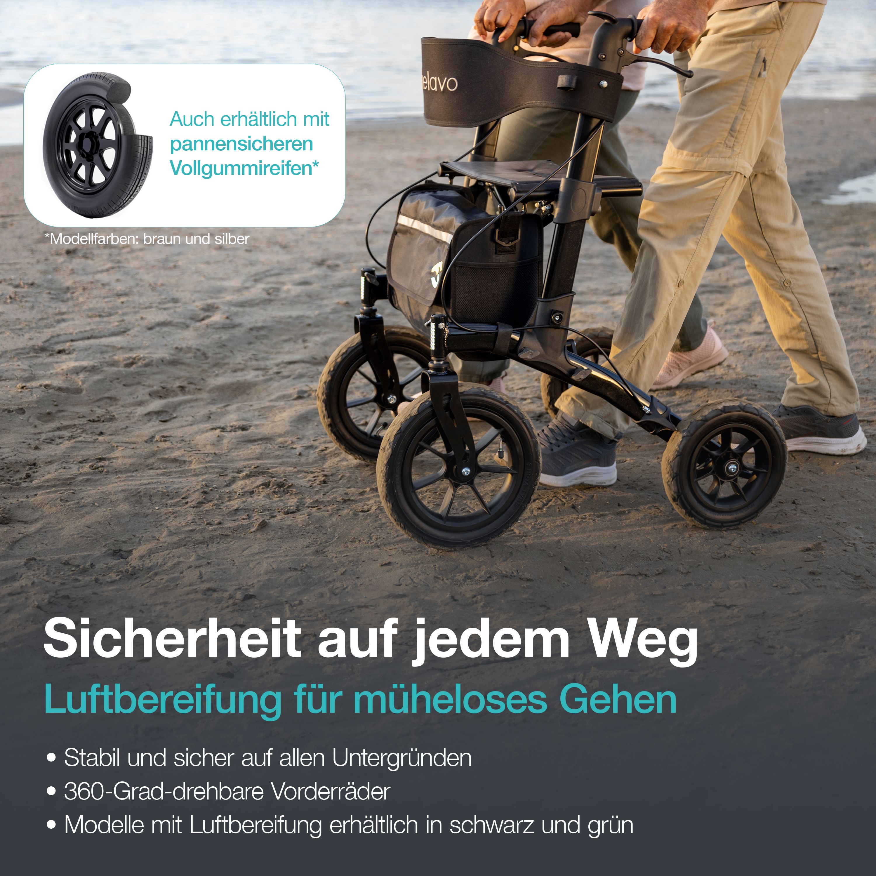 Rollator mit Luftbereifung am Strand, mit pannensicheren Reifenoption.