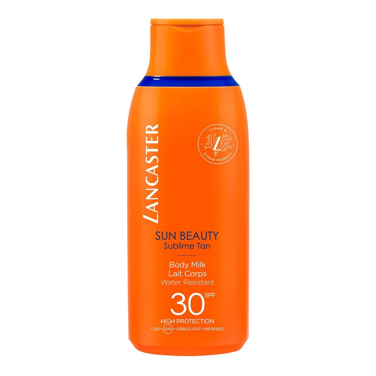Orangefarbene Flasche mit blauem Akzent. Produktname und SPF 30 sind sichtbar. Text: Lancaster, Sun Beauty, Body Milk, Water Resistant.