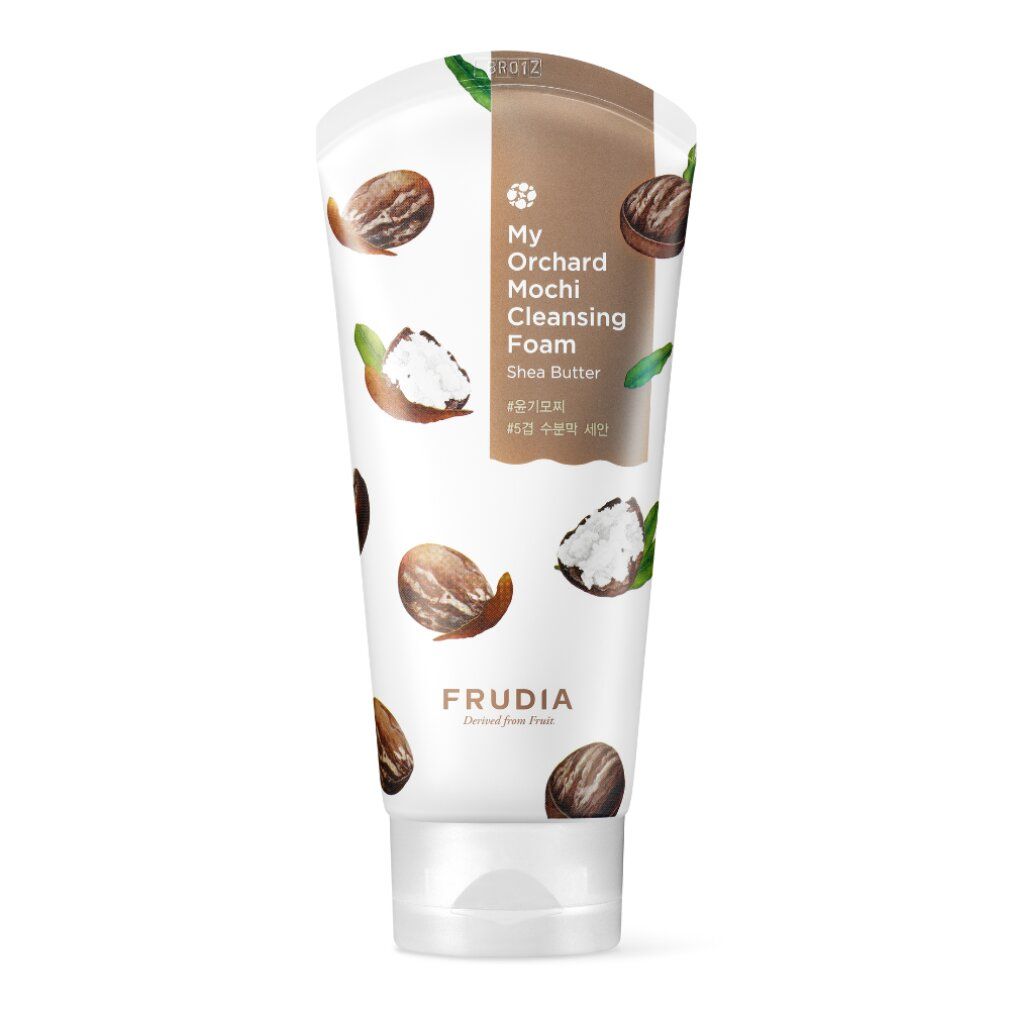 Gesichtsreinigungsschaum-Tube mit Aufdruck. Aufschrift: My Orchard Mochi Cleansing Foam Shea Butter. Marke: Frudia.