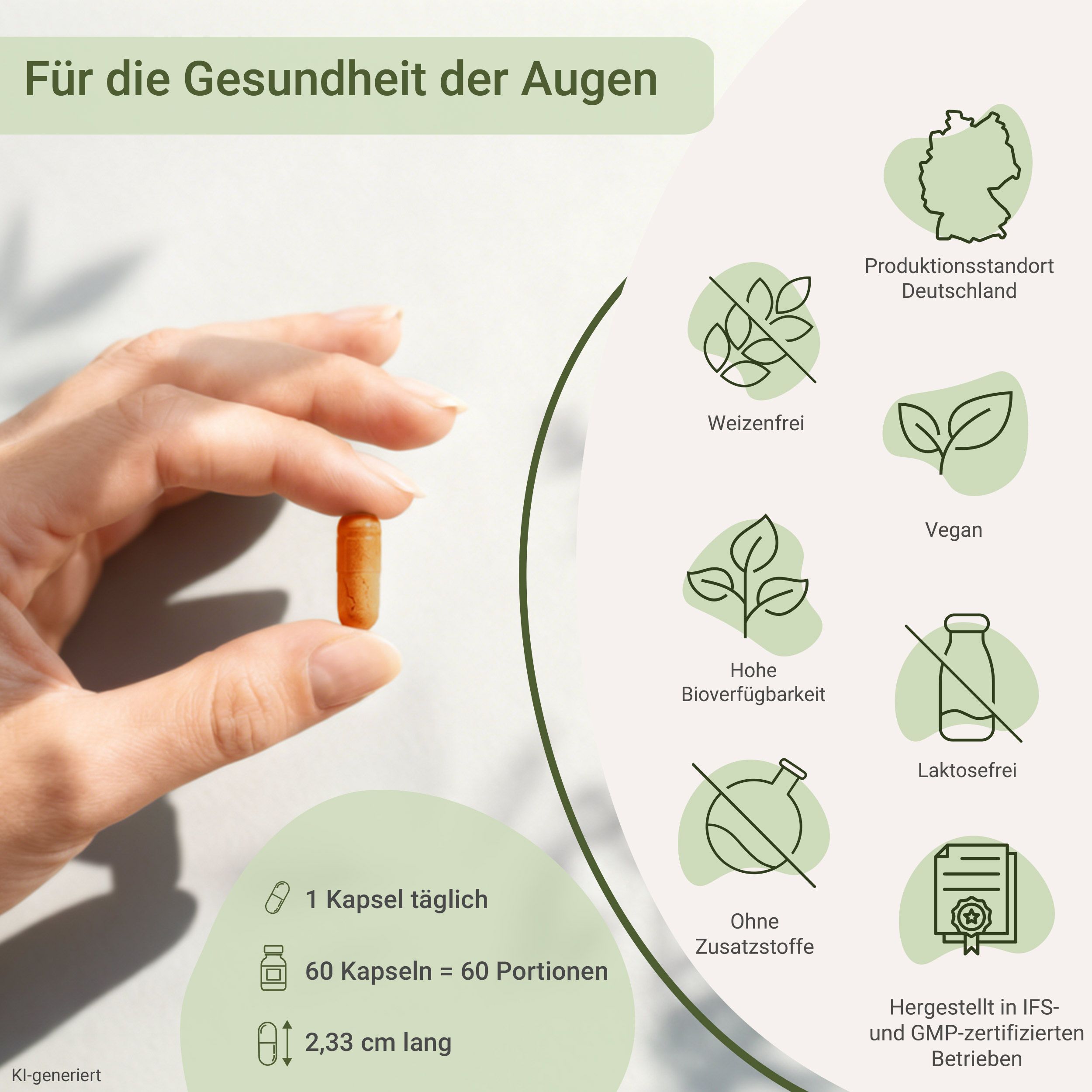 Hand hält eine Kapsel Augen Vital. Icons zeigen: Made in Germany, vegan, hohe Bioverfügbarkeit, laktosefrei, ohne Zusatzstoffe.