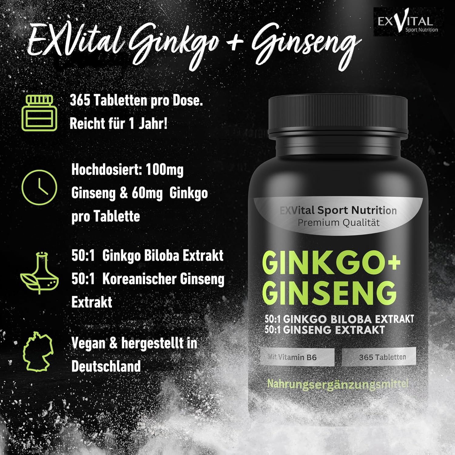 Werbebild mit EXVital Ginkgo+Ginseng Flasche. Text: 365 Tabletten, 100mg Ginseng & 60mg Ginkgo pro Tablette, vegan.