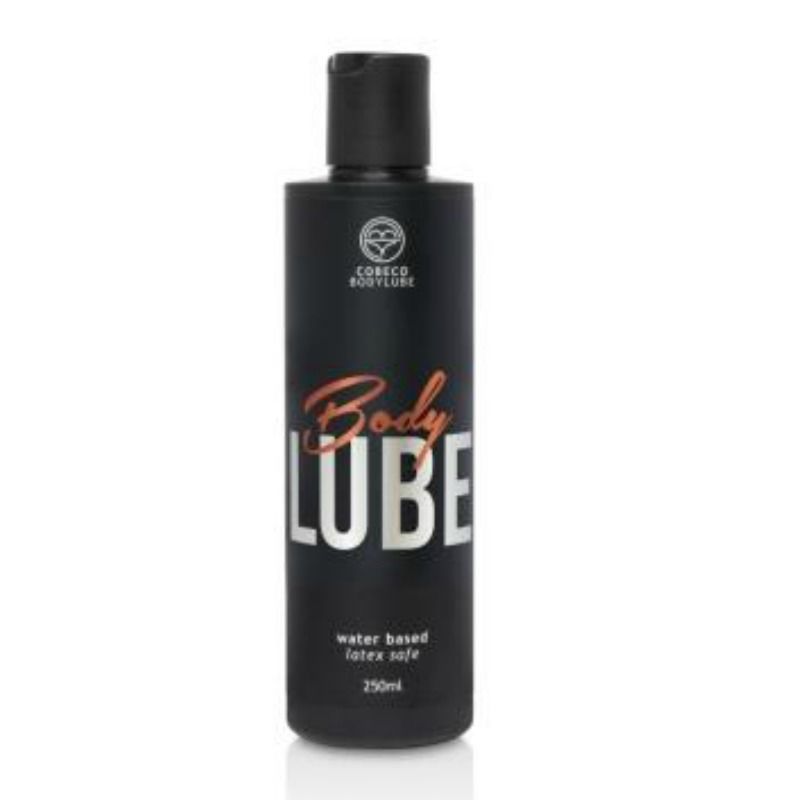 Schwarze Flasche mit Klappverschluss. Aufschrift: Body Lube, water based, latex safe, 250ml.