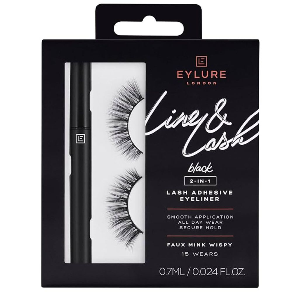 Verpackung von Eylure London Line & Lash. Enthält Wimpern und Eyeliner. Schwarze Verpackung mit weißem Text.
