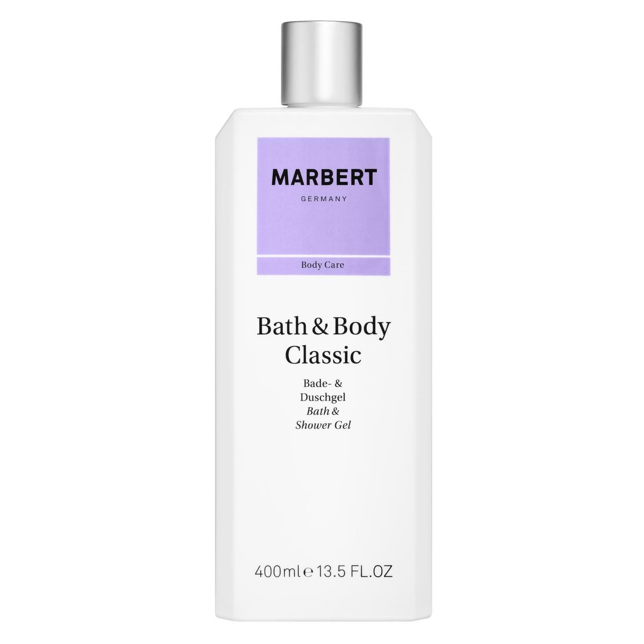 Weißer Flakon mit silbernem Verschluss. Aufschrift: MARBERT, Body Care, Bath & Body Classic, Duschgel. 400ml.