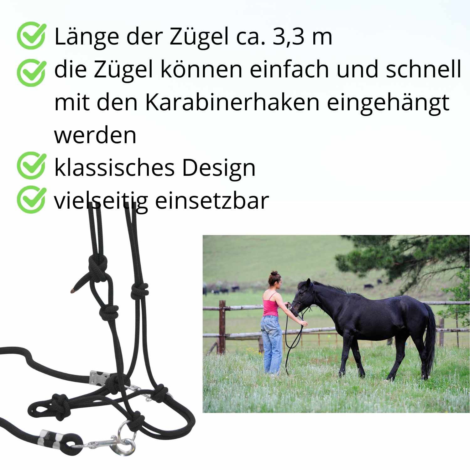 Schwarzes Knotenhalfter mit Zügel. Zügel ca. 3,3 m lang. Karabinerhaken. Klassisches Design. Vielseitig einsetzbar.