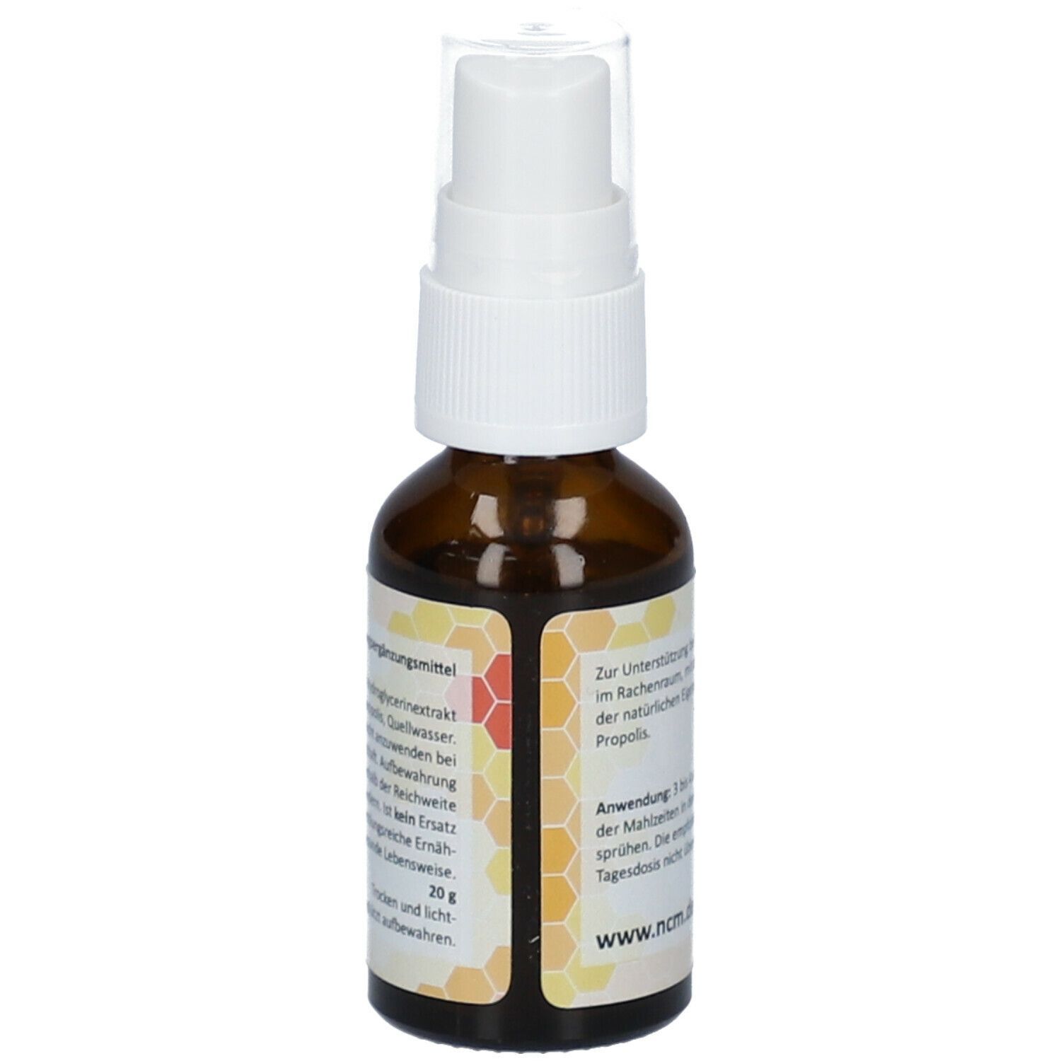 Braune Glasflasche mit weißem Sprühkopf. Etikett mit Text und Bienenwaben-Design. Produktname nicht sichtbar.