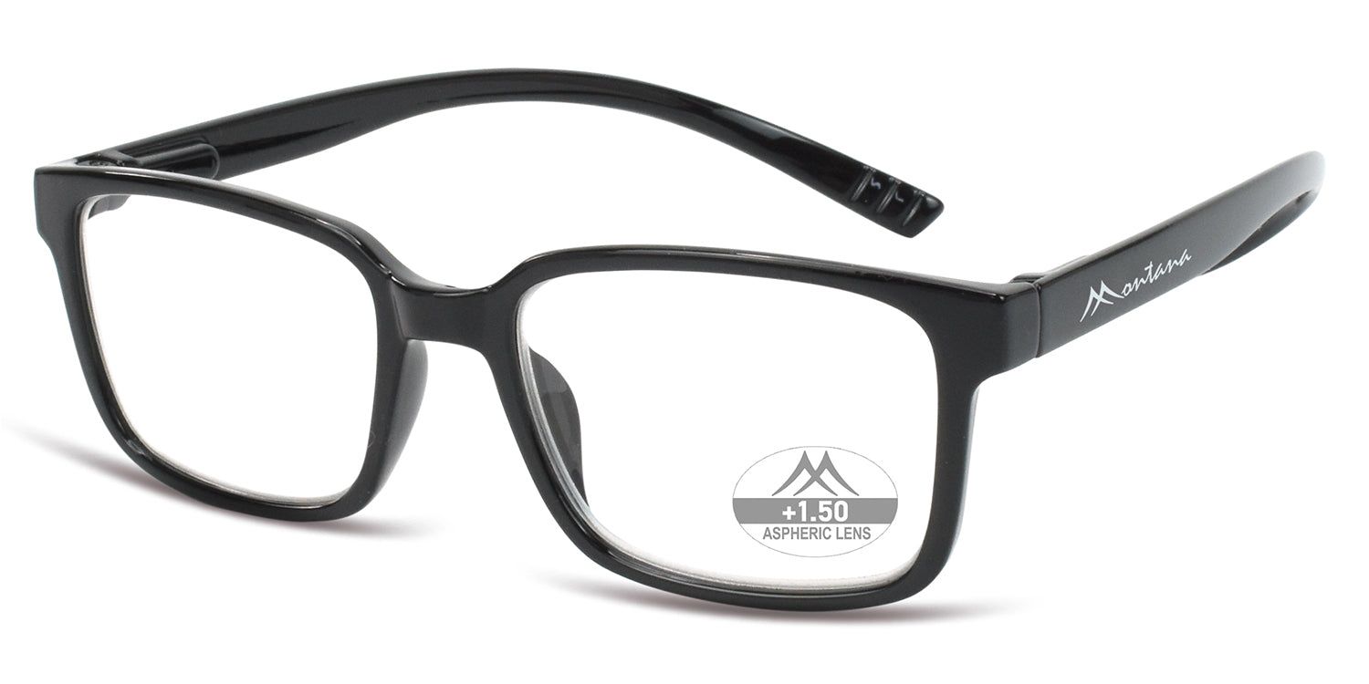 Schwarze Brille mit rechteckigen Gläsern. Auf dem Bügel steht "Montana". Auf dem rechten Glas steht "+1.50 ASPHERIC LENS".