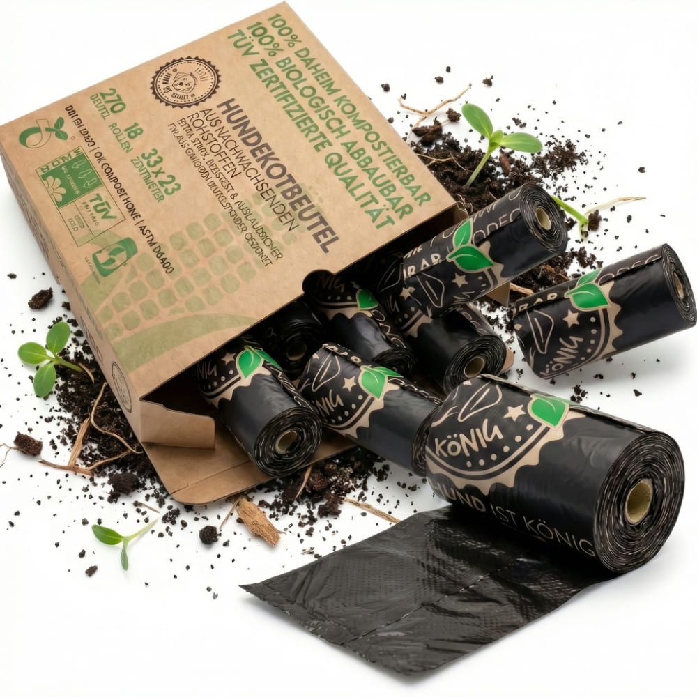 Kotbeutel-Rollen, schwarz, aus Kartonbox. Box mit Aufdrucken und Zertifizierungen. Kotbeutel mit Logo.