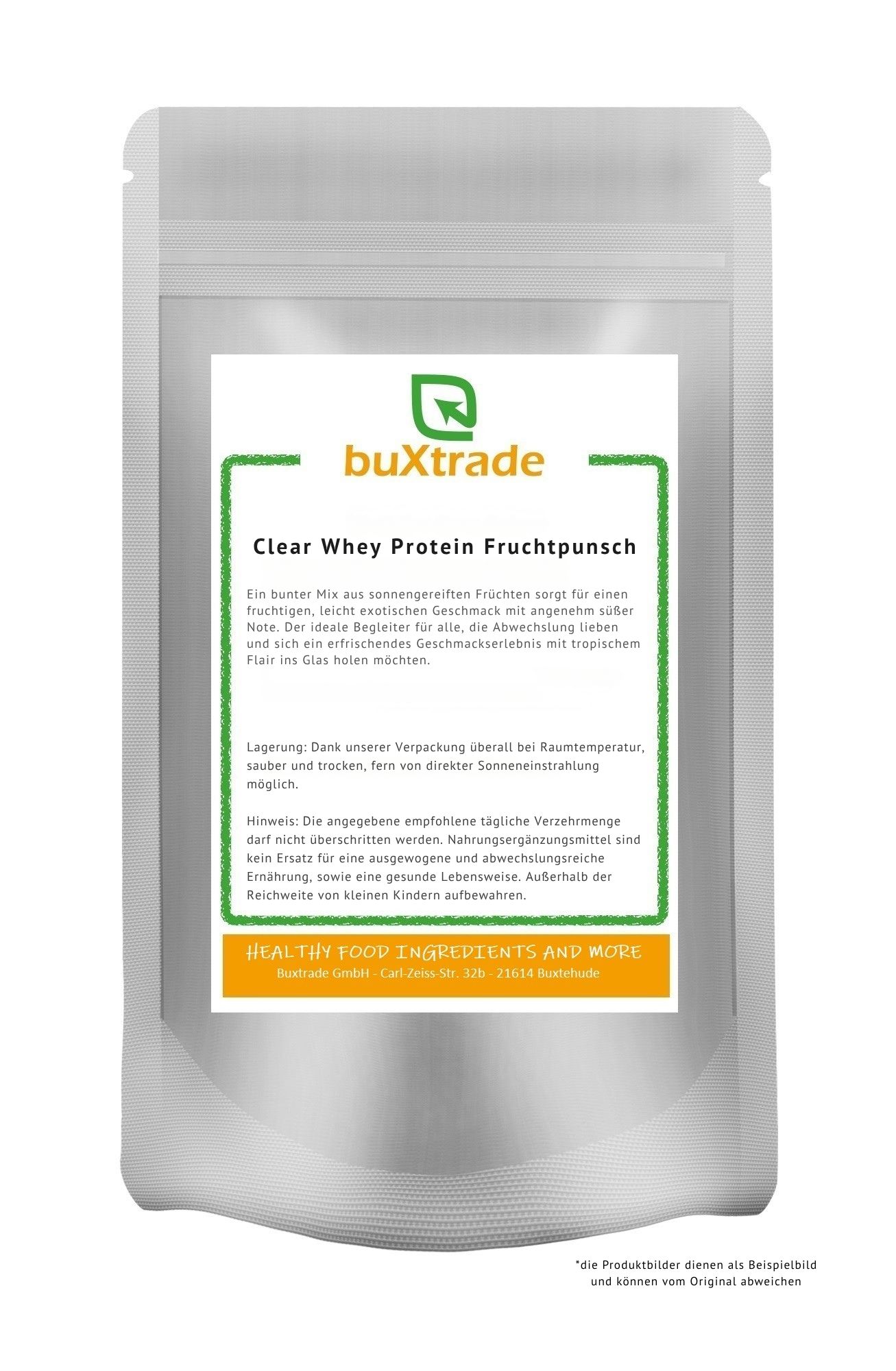 Beutel mit Produktetikett. Aufschrift: buXtrade Clear Whey Protein Fruchtpunsch. Grün umrandetes Etikett mit Text.