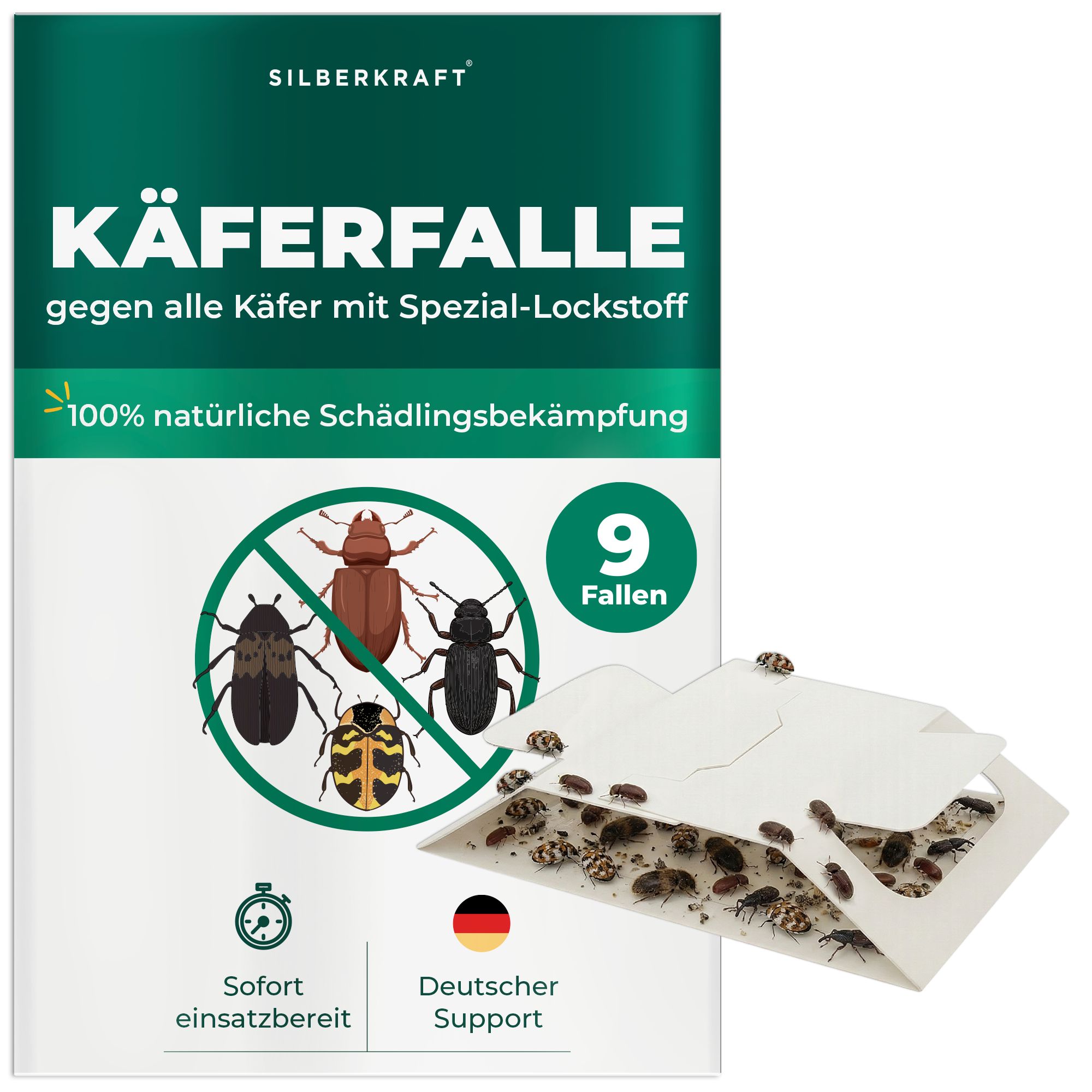Verpackung der SILBERKRAFT Käferfalle mit 9 Fallen, Spezial-Lockstoff, sofort einsatzbereit.