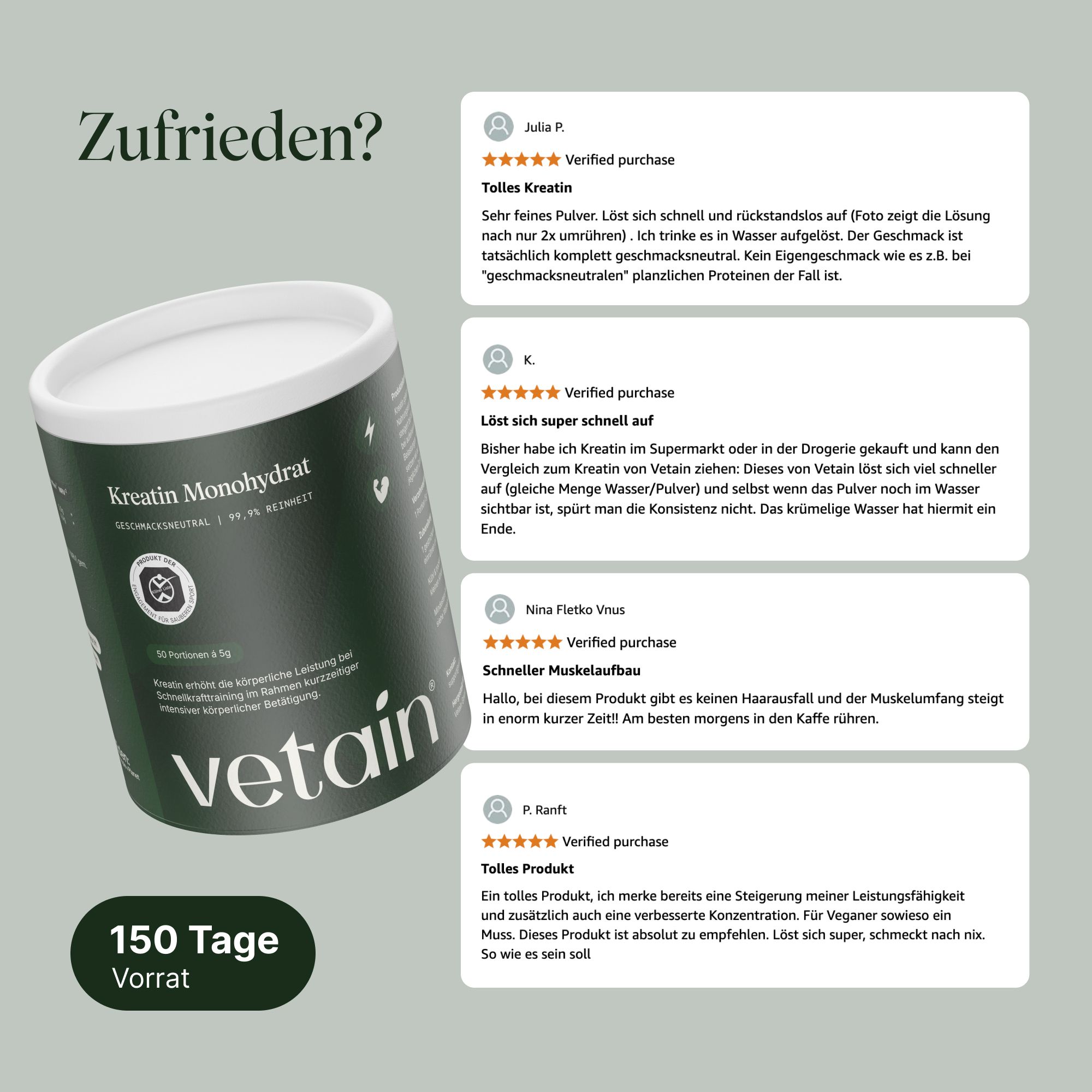 VETAIN Kreatin Monohydrat Dose mit 150 Portionen Hinweis.