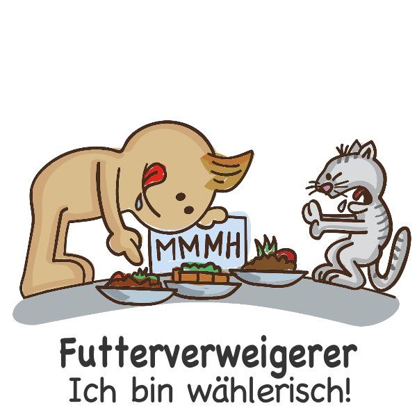 Illustration von Hund und Katze vor Futter. Text: Futterverweigerer, Ich bin wählerisch!