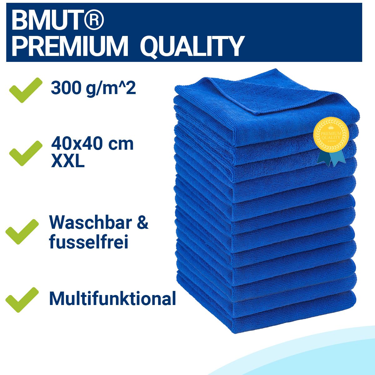 Blaues Mikrofasertuch-Set mit Text: BMUT Premium Quality, 300 g/m², 40x40 cm, waschbar & fusselfrei, multifunktional.